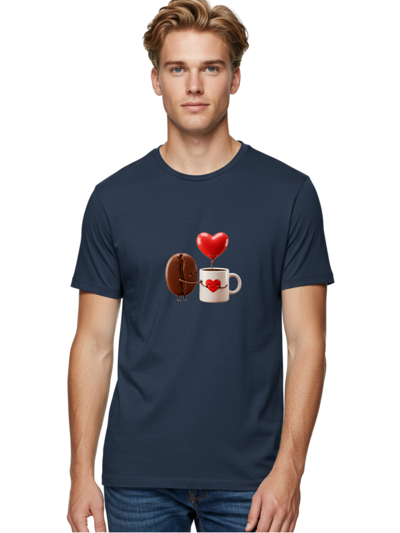 Coffee-Bean-And-Heart Men'S Graphic Tee, 100% Cotton, Comfortable Casual Summer Wear, Machine Washable, Cartoon Coffee Bean, Smiling Coffee Mug, Red Heart Balloon, Love Coffee, Adorable Characters, Coffee Lovers, Cute Illustration, Bab771 28