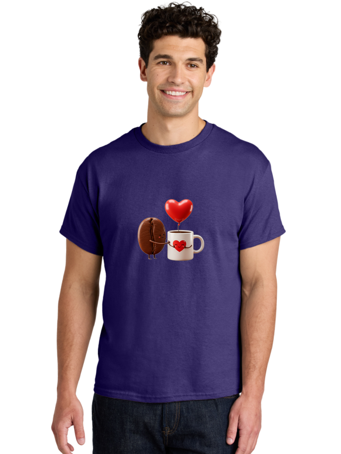 Coffee-Bean-And-Heart Men'S Graphic Tee, 100% Cotton, Comfortable Casual Summer Wear, Machine Washable, Cartoon Coffee Bean, Smiling Coffee Mug, Red Heart Balloon, Love Coffee, Adorable Characters, Coffee Lovers, Cute Illustration, Bab771 24