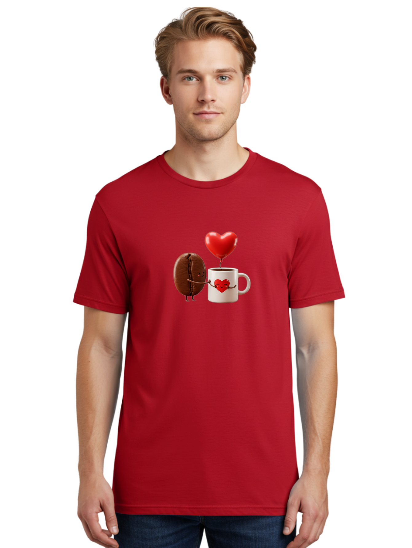 Coffee-Bean-And-Heart Men'S Graphic Tee, 100% Cotton, Comfortable Casual Summer Wear, Machine Washable, Cartoon Coffee Bean, Smiling Coffee Mug, Red Heart Balloon, Love Coffee, Adorable Characters, Coffee Lovers, Cute Illustration, Bab771 29
