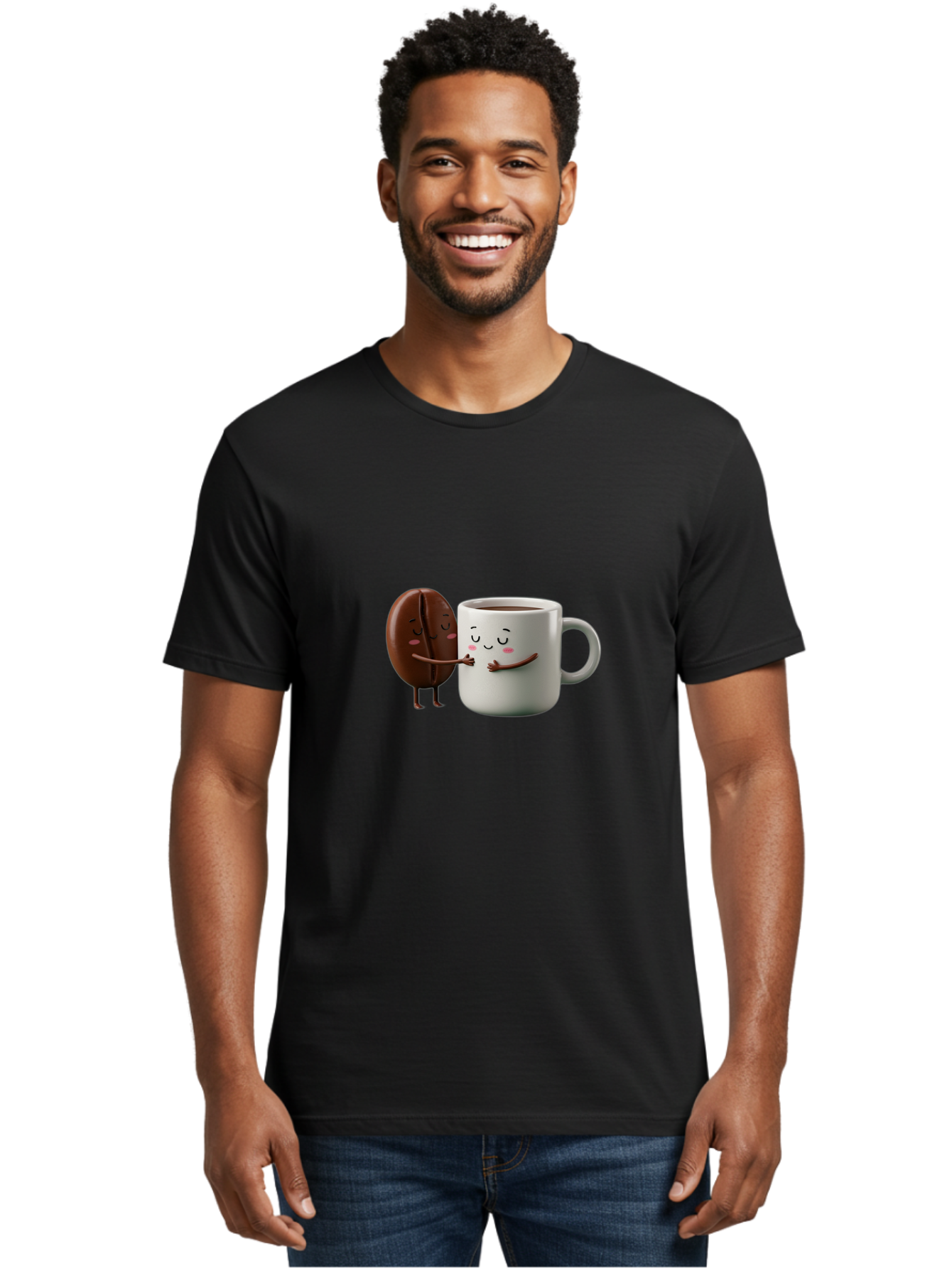 Coffee-Bean-And-Mug Men'S Graphic Tee, 100% Cotton, Comfortable Casual Summer Wear, Machine Washable, Cartoon Coffee Bean, Coffee Mug, Winking Faces, Playful Interaction, Coffee Culture, Happy Coffee, Morning Coffee, Coffee Lovers, Bab772 22