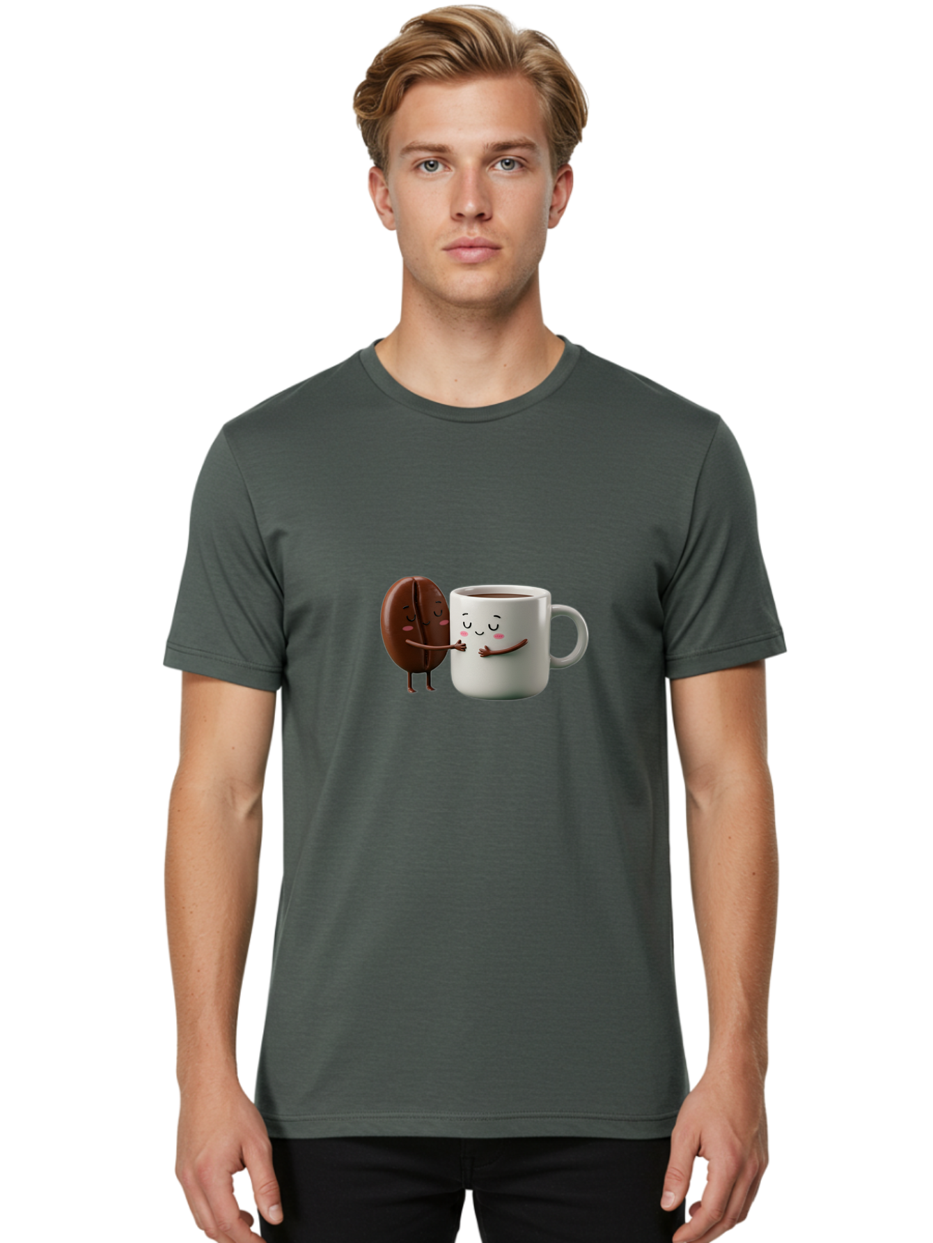 Coffee-Bean-And-Mug Men'S Graphic Tee, 100% Cotton, Comfortable Casual Summer Wear, Machine Washable, Cartoon Coffee Bean, Coffee Mug, Winking Faces, Playful Interaction, Coffee Culture, Happy Coffee, Morning Coffee, Coffee Lovers, Bab772 21