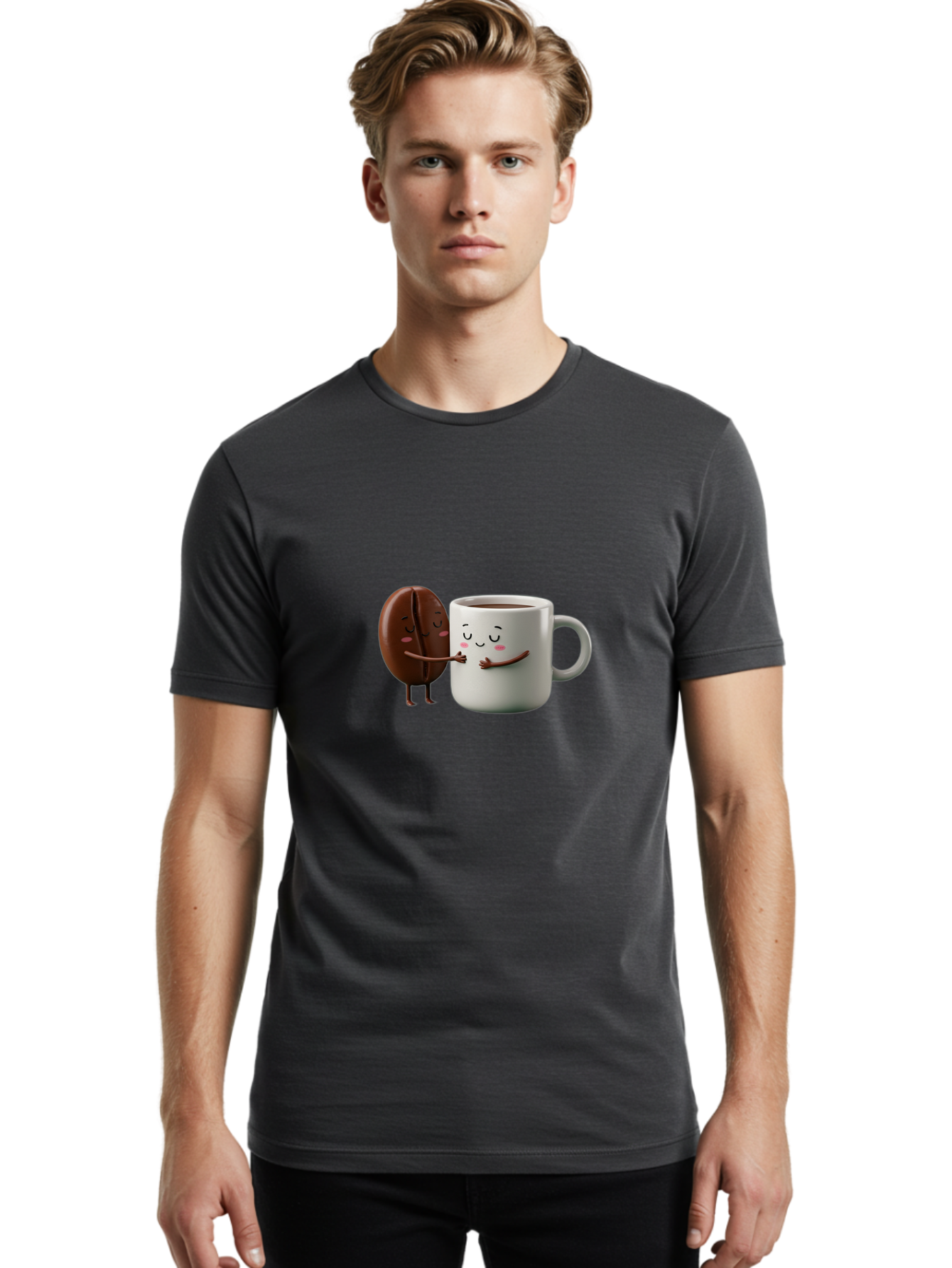 Coffee-Bean-And-Mug Men'S Graphic Tee, 100% Cotton, Comfortable Casual Summer Wear, Machine Washable, Cartoon Coffee Bean, Coffee Mug, Winking Faces, Playful Interaction, Coffee Culture, Happy Coffee, Morning Coffee, Coffee Lovers, Bab772 18