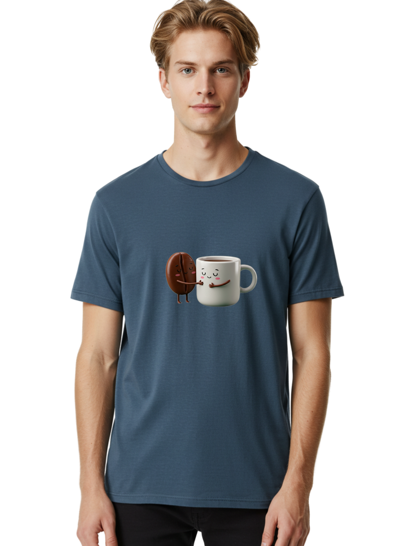 Coffee-Bean-And-Mug Men'S Graphic Tee, 100% Cotton, Comfortable Casual Summer Wear, Machine Washable, Cartoon Coffee Bean, Coffee Mug, Winking Faces, Playful Interaction, Coffee Culture, Happy Coffee, Morning Coffee, Coffee Lovers, Bab772 17