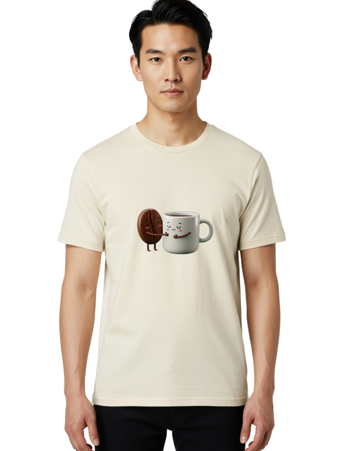 Coffee-Bean-And-Mug Men'S Graphic Tee, 100% Cotton, Comfortable Casual Summer Wear, Machine Washable, Cartoon Coffee Bean, Coffee Mug, Winking Faces, Playful Interaction, Coffee Culture, Happy Coffee, Morning Coffee, Coffee Lovers, Bab772 27