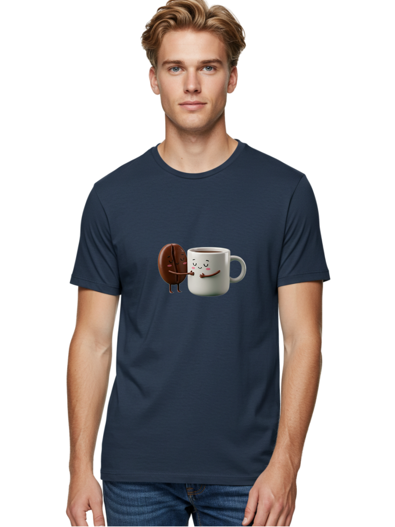 Coffee-Bean-And-Mug Men'S Graphic Tee, 100% Cotton, Comfortable Casual Summer Wear, Machine Washable, Cartoon Coffee Bean, Coffee Mug, Winking Faces, Playful Interaction, Coffee Culture, Happy Coffee, Morning Coffee, Coffee Lovers, Bab772 28