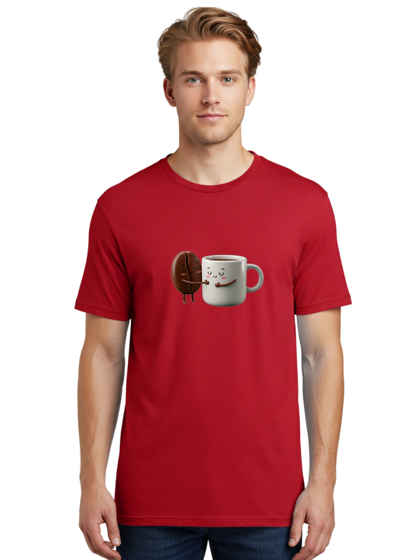Coffee-Bean-And-Mug Men'S Graphic Tee, 100% Cotton, Comfortable Casual Summer Wear, Machine Washable, Cartoon Coffee Bean, Coffee Mug, Winking Faces, Playful Interaction, Coffee Culture, Happy Coffee, Morning Coffee, Coffee Lovers, Bab772 29