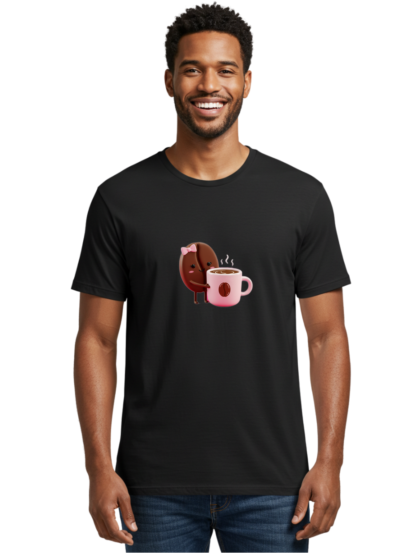 Coffee-Bean-Character-3 Men'S Graphic Tee, 100% Cotton, Comfortable Casual Summer Wear, Machine Washable, Cartoon Coffee Bean, Pink Bow, Coffee Mug, Hot Coffee, Adorable Character, Steaming Coffee, Coffee Lover, Cute Illustration, Bab775 22