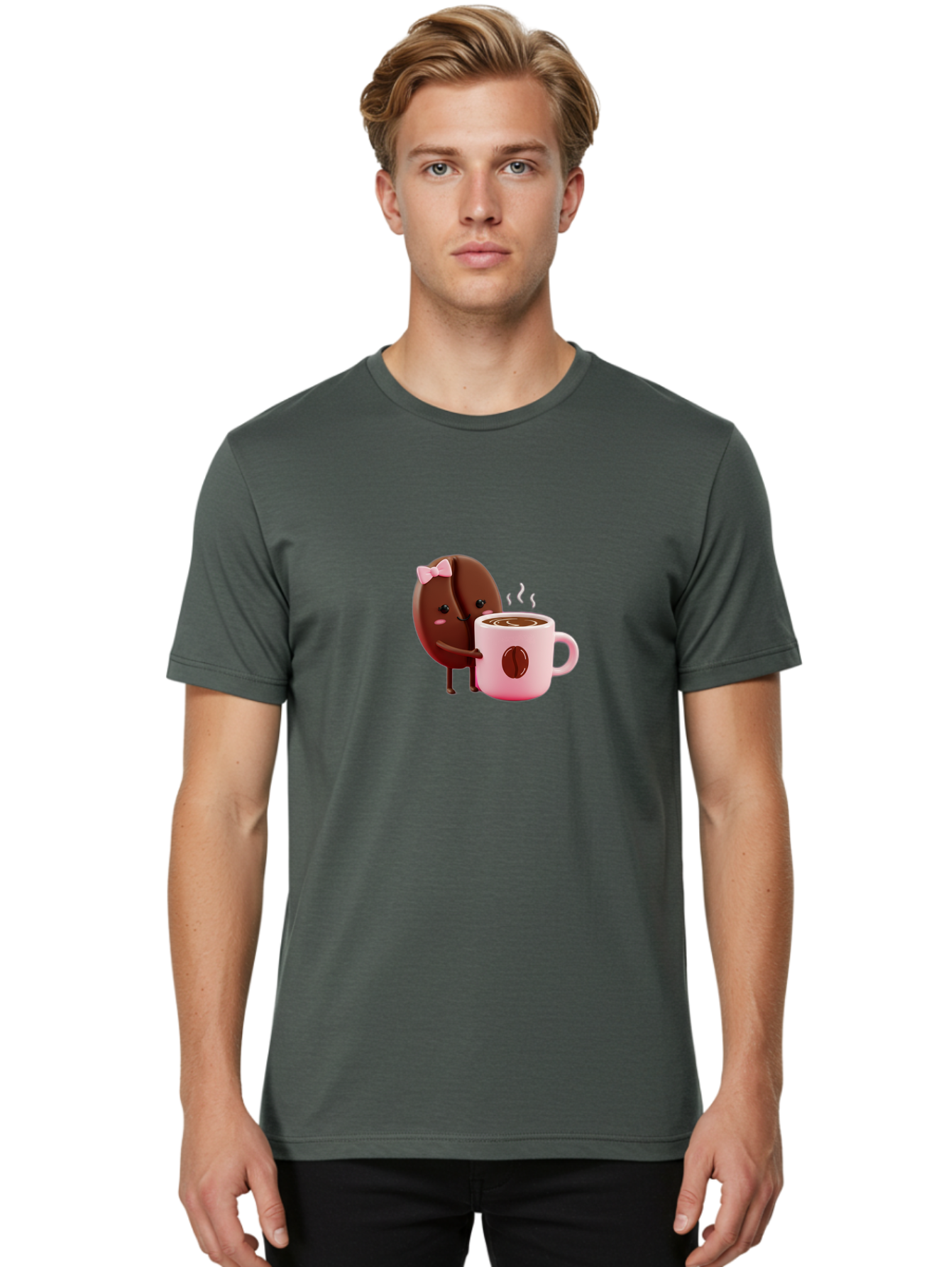 Coffee-Bean-Character-3 Men'S Graphic Tee, 100% Cotton, Comfortable Casual Summer Wear, Machine Washable, Cartoon Coffee Bean, Pink Bow, Coffee Mug, Hot Coffee, Adorable Character, Steaming Coffee, Coffee Lover, Cute Illustration, Bab775 26