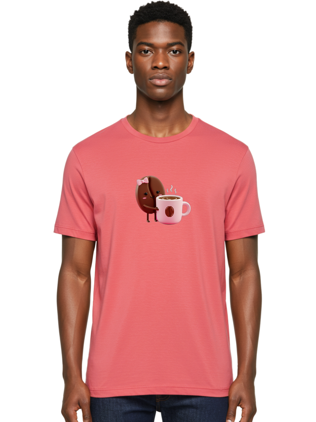 Coffee-Bean-Character-3 Men'S Graphic Tee, 100% Cotton, Comfortable Casual Summer Wear, Machine Washable, Cartoon Coffee Bean, Pink Bow, Coffee Mug, Hot Coffee, Adorable Character, Steaming Coffee, Coffee Lover, Cute Illustration, Bab775 30