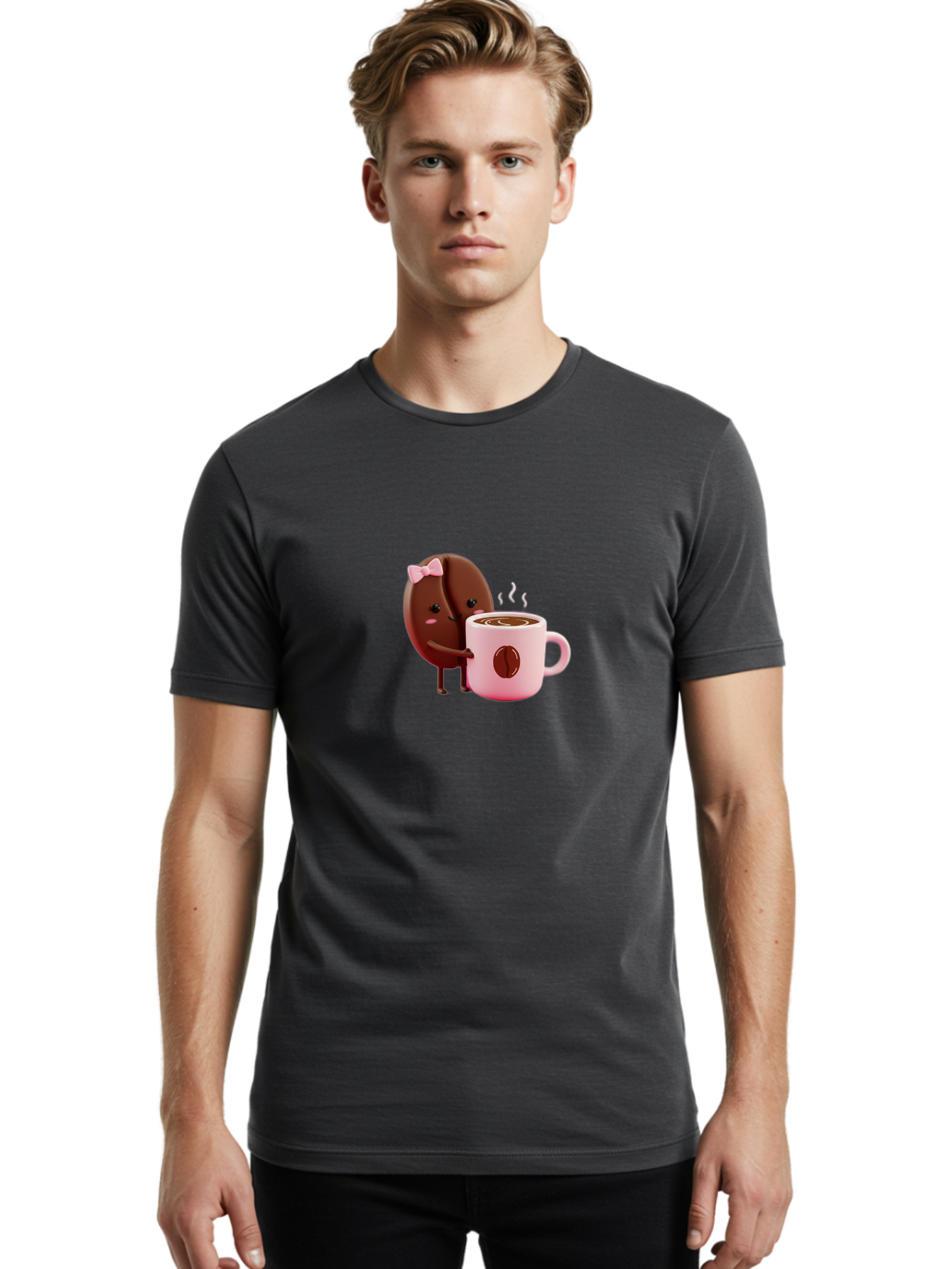 Coffee-Bean-Character-3 Men'S Graphic Tee, 100% Cotton, Comfortable Casual Summer Wear, Machine Washable, Cartoon Coffee Bean, Pink Bow, Coffee Mug, Hot Coffee, Adorable Character, Steaming Coffee, Coffee Lover, Cute Illustration, Bab775 16