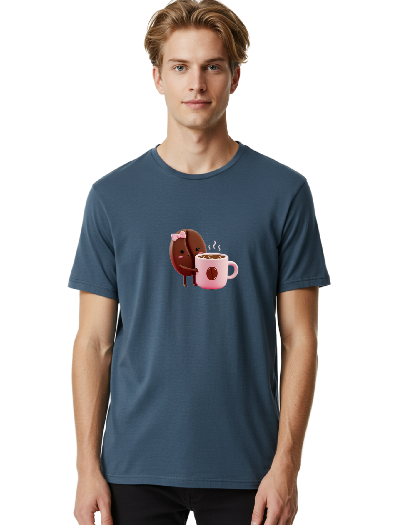 Coffee-Bean-Character-3 Men'S Graphic Tee, 100% Cotton, Comfortable Casual Summer Wear, Machine Washable, Cartoon Coffee Bean, Pink Bow, Coffee Mug, Hot Coffee, Adorable Character, Steaming Coffee, Coffee Lover, Cute Illustration, Bab775 27