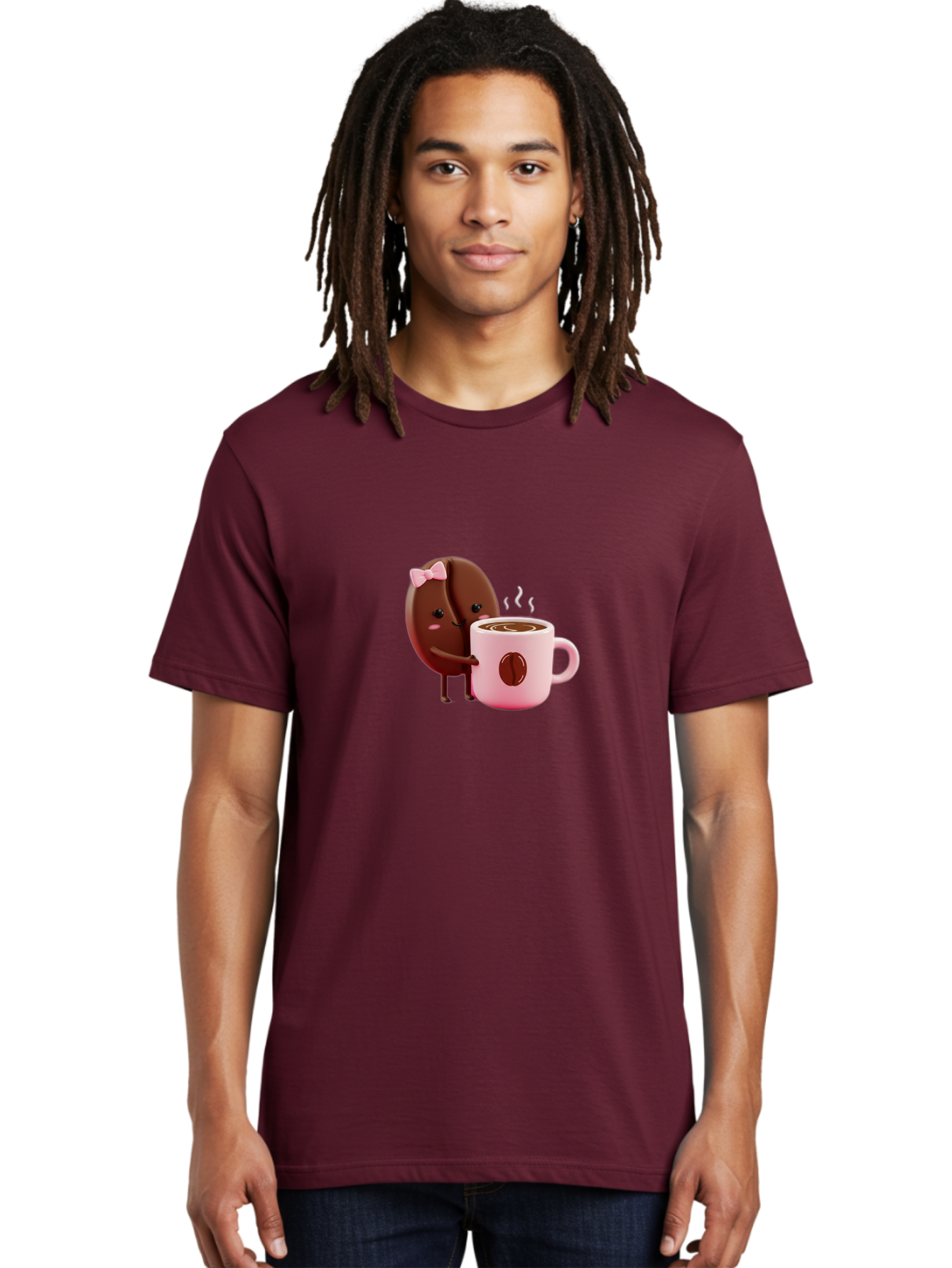 Coffee-Bean-Character-3 Men'S Graphic Tee, 100% Cotton, Comfortable Casual Summer Wear, Machine Washable, Cartoon Coffee Bean, Pink Bow, Coffee Mug, Hot Coffee, Adorable Character, Steaming Coffee, Coffee Lover, Cute Illustration, Bab775 18