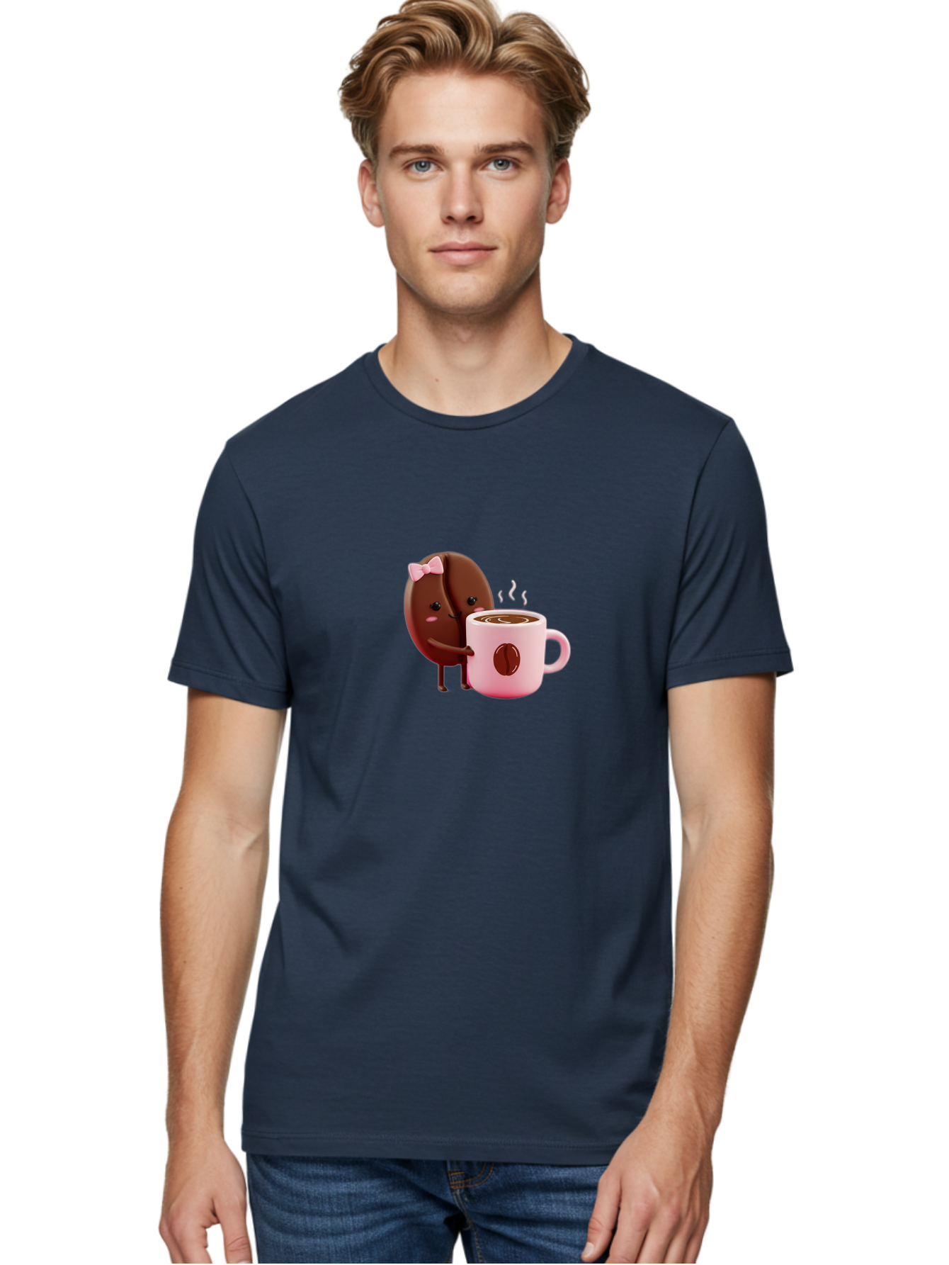 Coffee-Bean-Character-3 Men'S Graphic Tee, 100% Cotton, Comfortable Casual Summer Wear, Machine Washable, Cartoon Coffee Bean, Pink Bow, Coffee Mug, Hot Coffee, Adorable Character, Steaming Coffee, Coffee Lover, Cute Illustration, Bab775 17