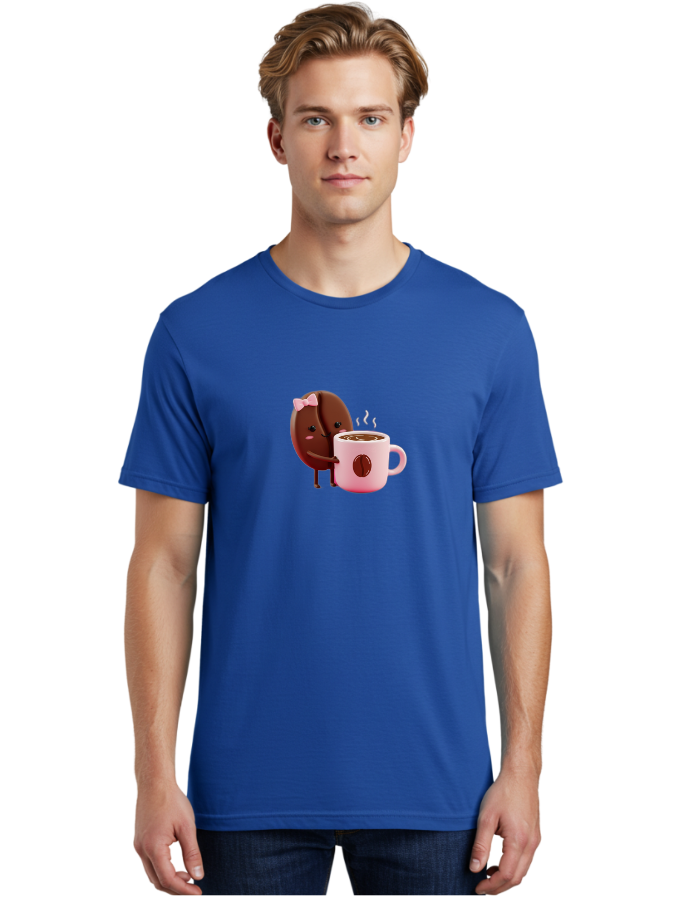 Coffee-Bean-Character-3 Men'S Graphic Tee, 100% Cotton, Comfortable Casual Summer Wear, Machine Washable, Cartoon Coffee Bean, Pink Bow, Coffee Mug, Hot Coffee, Adorable Character, Steaming Coffee, Coffee Lover, Cute Illustration, Bab775 19
