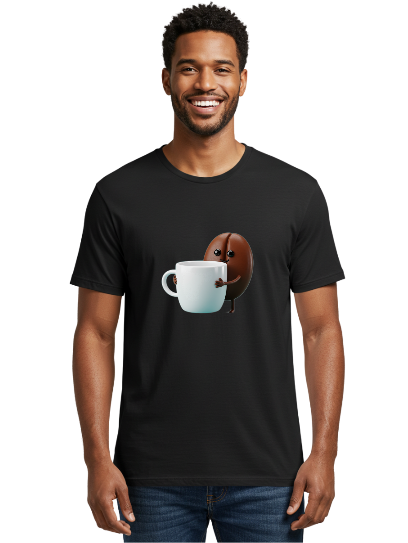Coffee-Bean-Character Men'S Graphic Tee, 100% Cotton, Comfortable Casual Summer Wear, Machine Washable, Cartoon Coffee Bean, Holding Coffee Mug, Happy Face, Cute Character, Coffee Lover, Morning Pick-Me-Up, Coffee Culture, Fun Design, Bab777 22