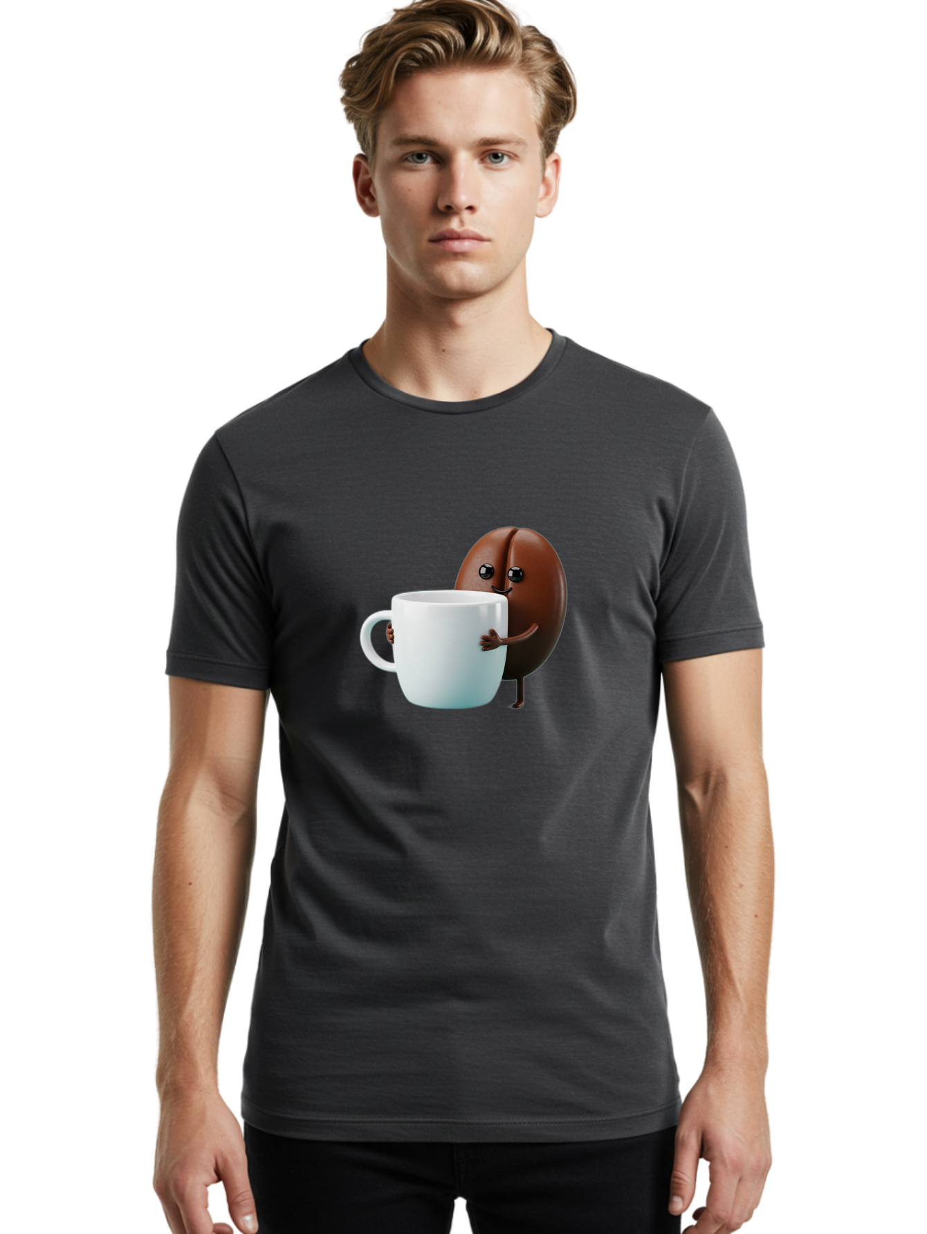 Coffee-Bean-Character Men'S Graphic Tee, 100% Cotton, Comfortable Casual Summer Wear, Machine Washable, Cartoon Coffee Bean, Holding Coffee Mug, Happy Face, Cute Character, Coffee Lover, Morning Pick-Me-Up, Coffee Culture, Fun Design, Bab777 25