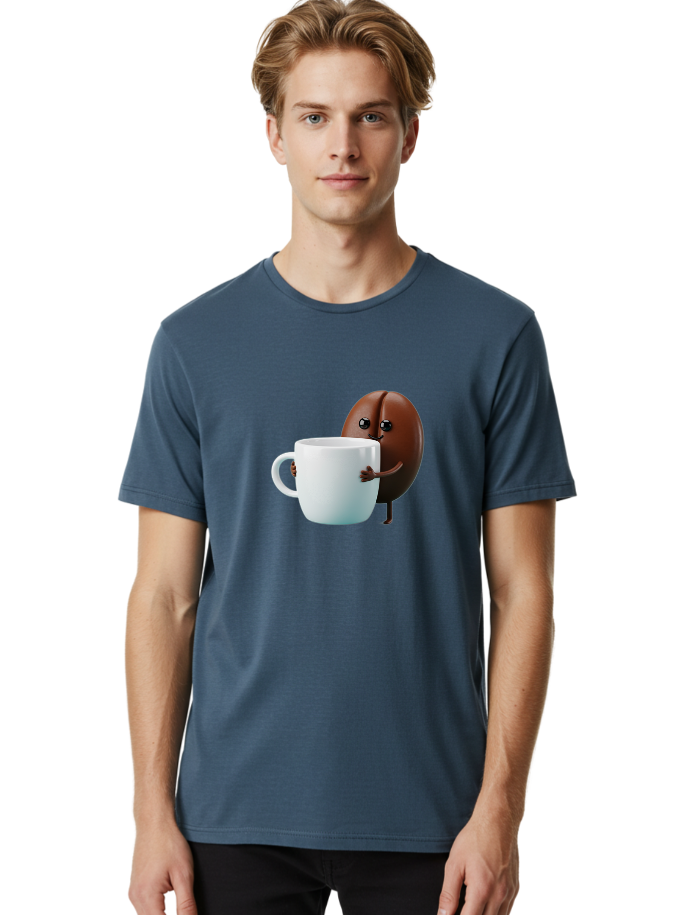 Coffee-Bean-Character Men'S Graphic Tee, 100% Cotton, Comfortable Casual Summer Wear, Machine Washable, Cartoon Coffee Bean, Holding Coffee Mug, Happy Face, Cute Character, Coffee Lover, Morning Pick-Me-Up, Coffee Culture, Fun Design, Bab777 28