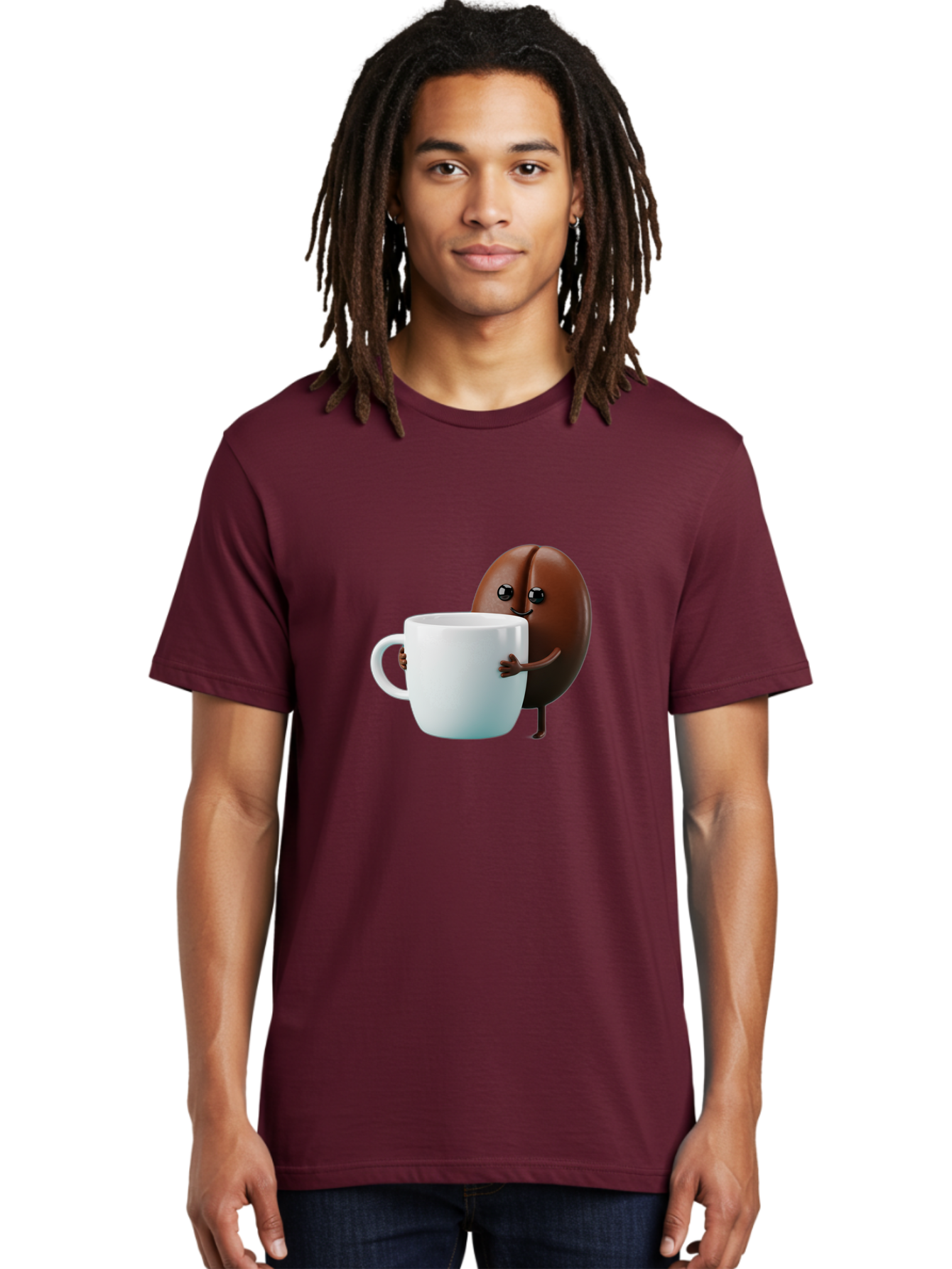 Coffee-Bean-Character Men'S Graphic Tee, 100% Cotton, Comfortable Casual Summer Wear, Machine Washable, Cartoon Coffee Bean, Holding Coffee Mug, Happy Face, Cute Character, Coffee Lover, Morning Pick-Me-Up, Coffee Culture, Fun Design, Bab777 19