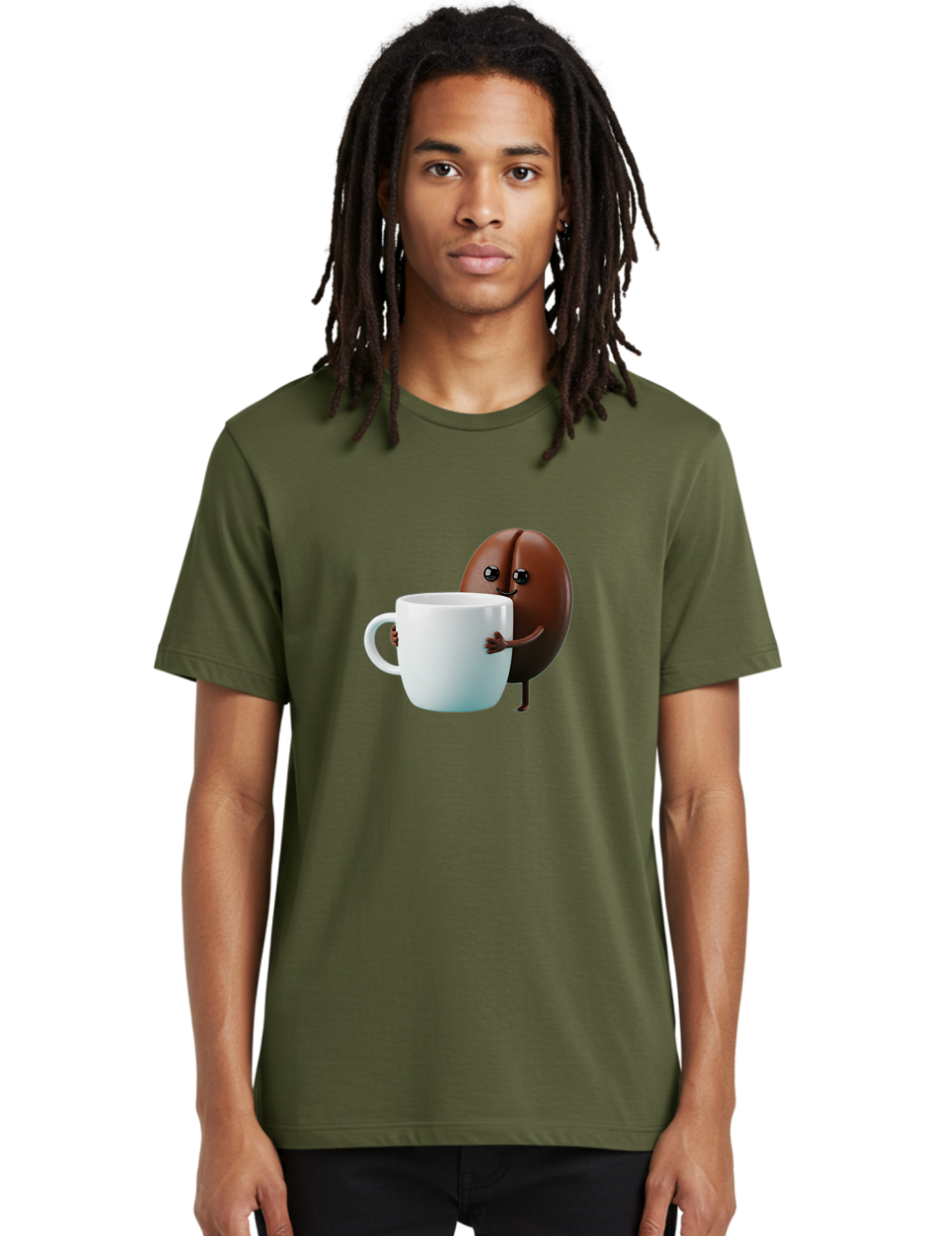 Coffee-Bean-Character Men'S Graphic Tee, 100% Cotton, Comfortable Casual Summer Wear, Machine Washable, Cartoon Coffee Bean, Holding Coffee Mug, Happy Face, Cute Character, Coffee Lover, Morning Pick-Me-Up, Coffee Culture, Fun Design, Bab777 24
