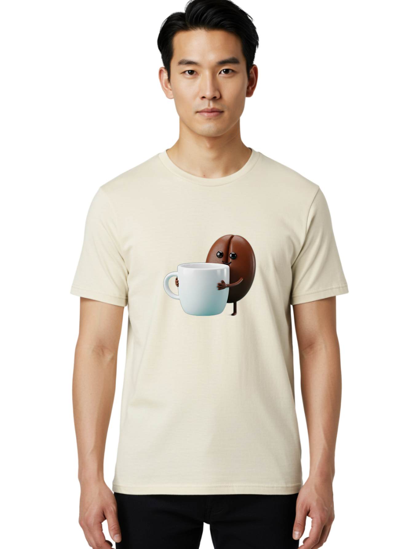 Coffee-Bean-Character Men'S Graphic Tee, 100% Cotton, Comfortable Casual Summer Wear, Machine Washable, Cartoon Coffee Bean, Holding Coffee Mug, Happy Face, Cute Character, Coffee Lover, Morning Pick-Me-Up, Coffee Culture, Fun Design, Bab777 27