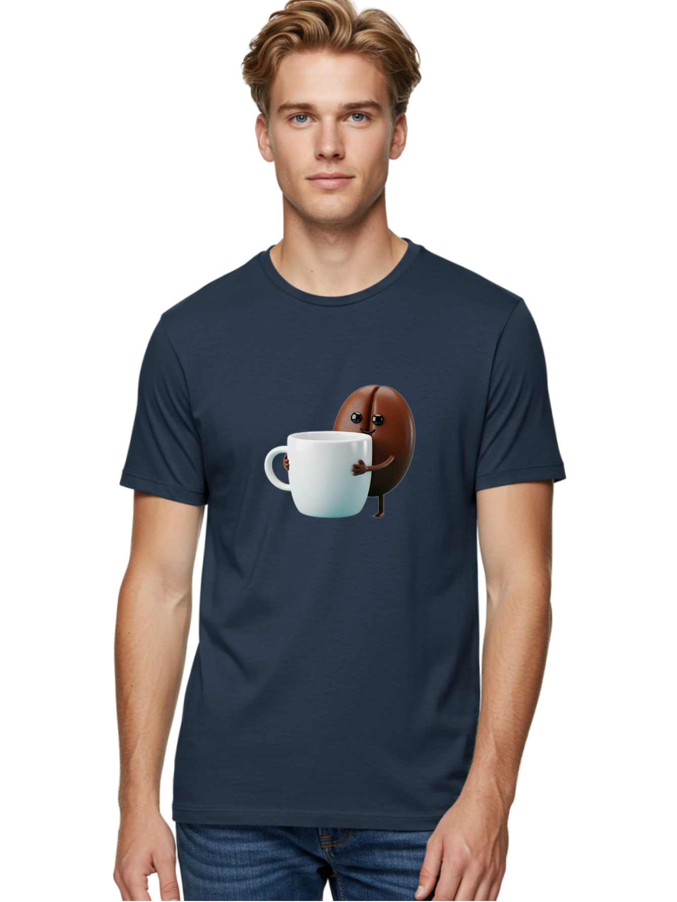 Coffee-Bean-Character Men'S Graphic Tee, 100% Cotton, Comfortable Casual Summer Wear, Machine Washable, Cartoon Coffee Bean, Holding Coffee Mug, Happy Face, Cute Character, Coffee Lover, Morning Pick-Me-Up, Coffee Culture, Fun Design, Bab777 21