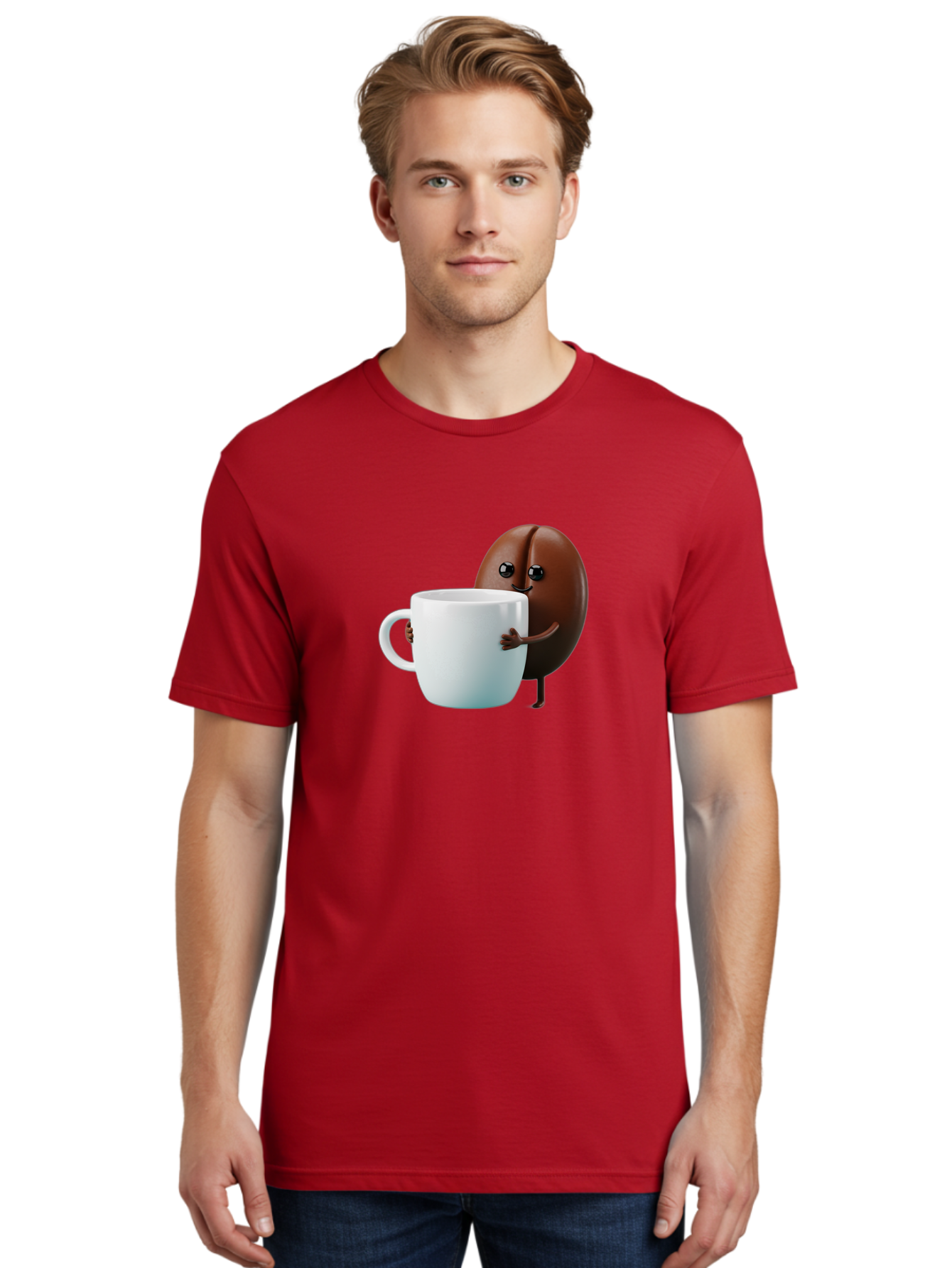 Coffee-Bean-Character Men'S Graphic Tee, 100% Cotton, Comfortable Casual Summer Wear, Machine Washable, Cartoon Coffee Bean, Holding Coffee Mug, Happy Face, Cute Character, Coffee Lover, Morning Pick-Me-Up, Coffee Culture, Fun Design, Bab777 30