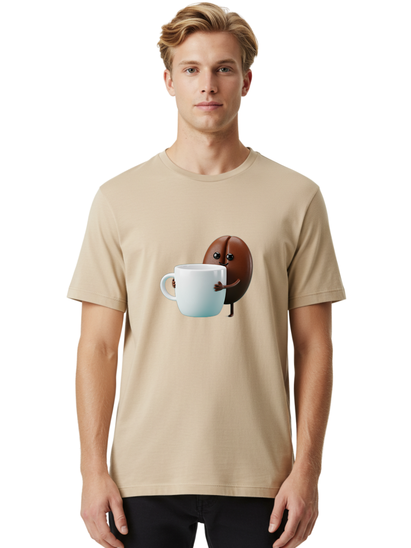 Coffee-Bean-Character Men'S Graphic Tee, 100% Cotton, Comfortable Casual Summer Wear, Machine Washable, Cartoon Coffee Bean, Holding Coffee Mug, Happy Face, Cute Character, Coffee Lover, Morning Pick-Me-Up, Coffee Culture, Fun Design, Bab777 17