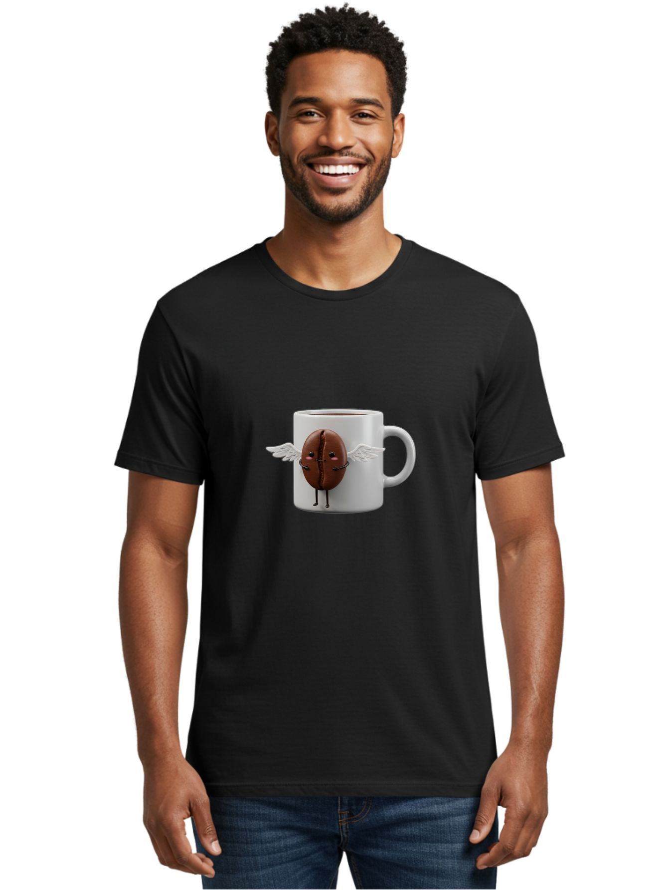 Coffee-Bean-Mug Men'S Graphic Tee, 100% Cotton, Comfortable Casual Summer Wear, Machine Washable, Coffee Mug, Funny Design, Cartoon Coffee Bean, White Wings, Adorable Face, Morning Coffee, Coffee Lover, Coffee Culture, Quirky Accessories Bab780 26