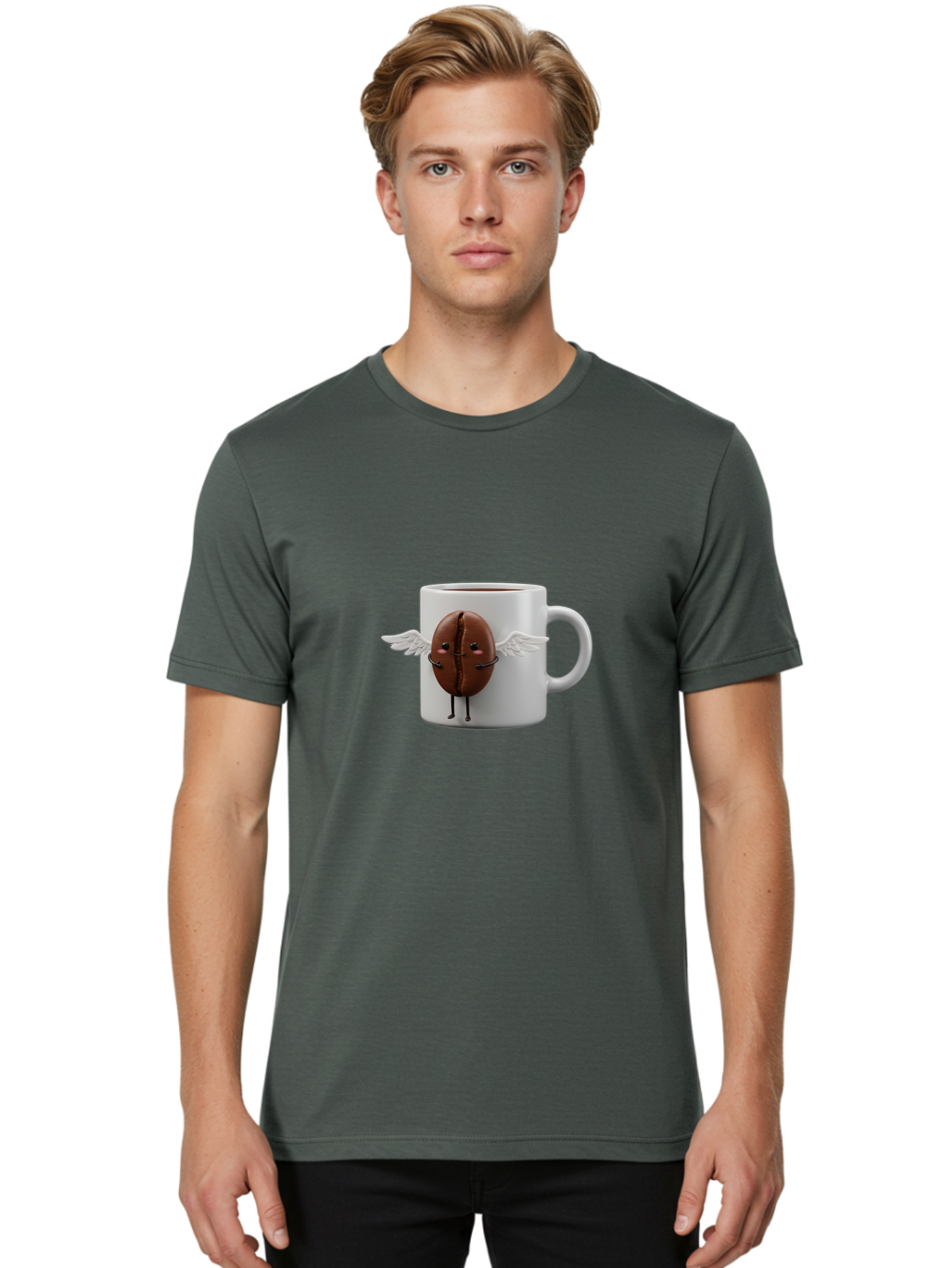 Coffee-Bean-Mug Men'S Graphic Tee, 100% Cotton, Comfortable Casual Summer Wear, Machine Washable, Coffee Mug, Funny Design, Cartoon Coffee Bean, White Wings, Adorable Face, Morning Coffee, Coffee Lover, Coffee Culture, Quirky Accessories Bab780 22