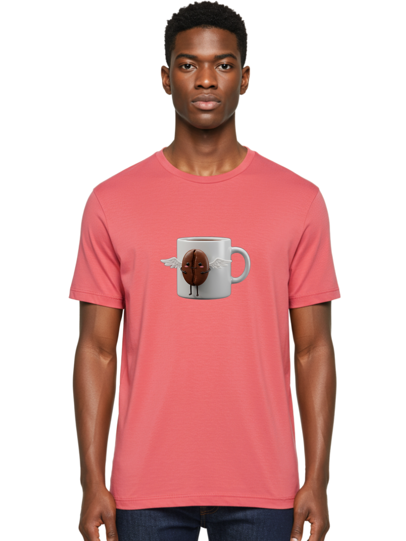 Coffee-Bean-Mug Men'S Graphic Tee, 100% Cotton, Comfortable Casual Summer Wear, Machine Washable, Coffee Mug, Funny Design, Cartoon Coffee Bean, White Wings, Adorable Face, Morning Coffee, Coffee Lover, Coffee Culture, Quirky Accessories Bab780 20