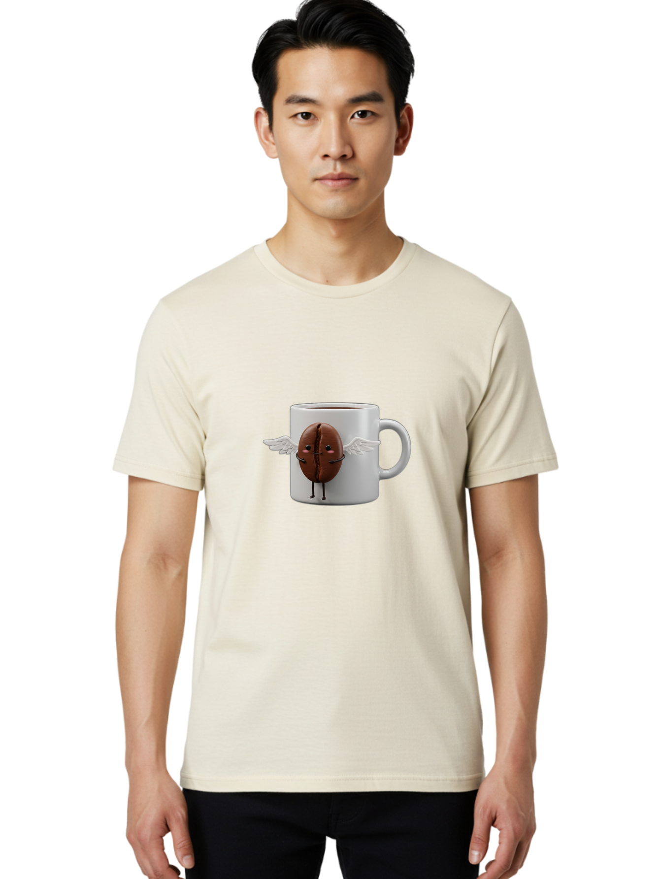Coffee-Bean-Mug Men'S Graphic Tee, 100% Cotton, Comfortable Casual Summer Wear, Machine Washable, Coffee Mug, Funny Design, Cartoon Coffee Bean, White Wings, Adorable Face, Morning Coffee, Coffee Lover, Coffee Culture, Quirky Accessories Bab780 30