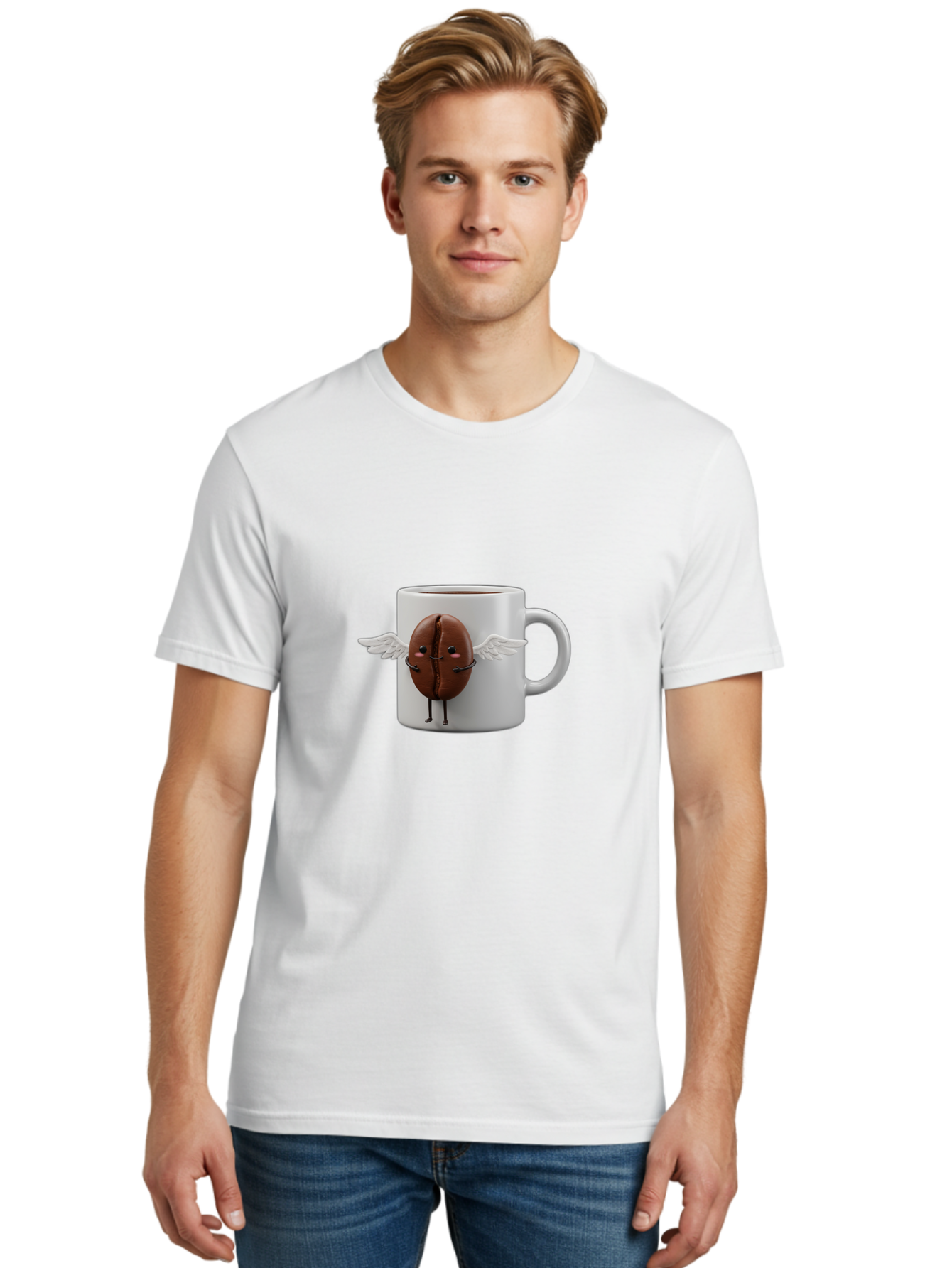 Coffee-Bean-Mug Men'S Graphic Tee, 100% Cotton, Comfortable Casual Summer Wear, Machine Washable, Coffee Mug, Funny Design, Cartoon Coffee Bean, White Wings, Adorable Face, Morning Coffee, Coffee Lover, Coffee Culture, Quirky Accessories Bab780 19