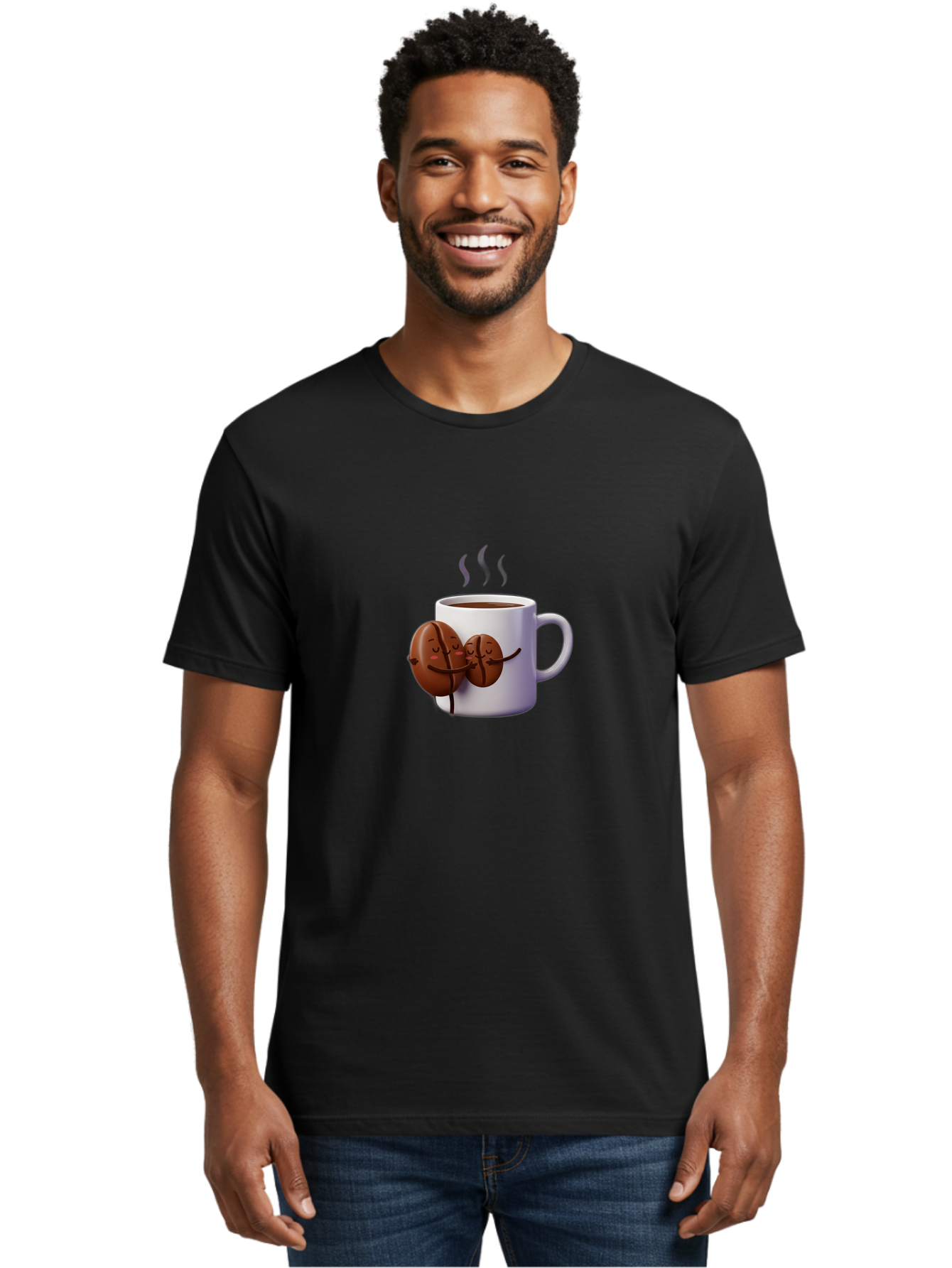 Coffee-Beans-Hugging-Coffee-Mug Men'S Graphic Tee, 100% Cotton, Comfortable Casual Summer Wear, Machine Washable, Cartoon Coffee Beans, Steaming Hot Coffee, Coffee Cups, Morning Coffee, Coffee Lovers, Coffee Break Bab782 28