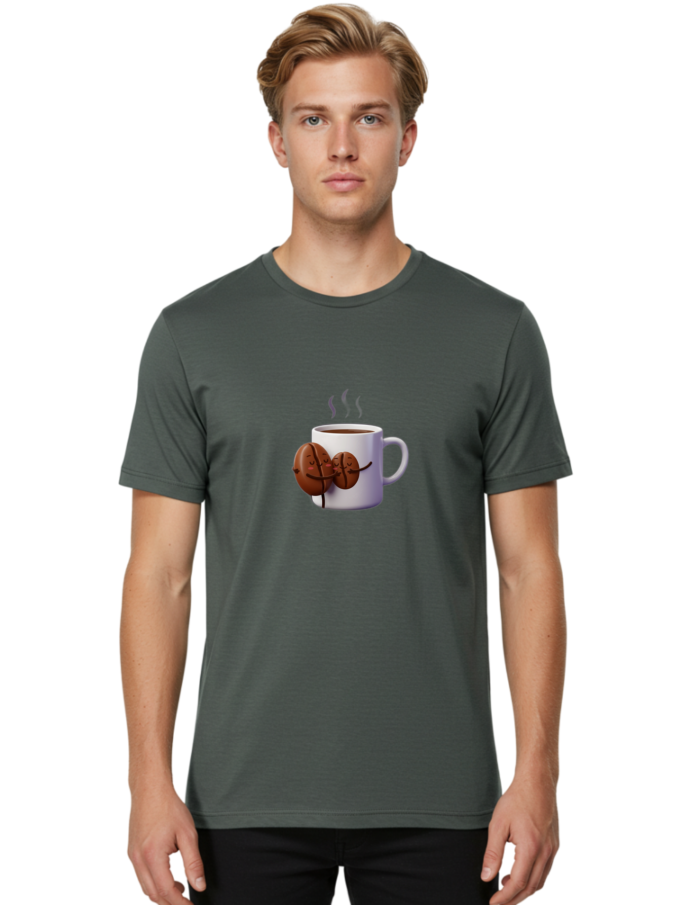 Coffee-Beans-Hugging-Coffee-Mug Men'S Graphic Tee, 100% Cotton, Comfortable Casual Summer Wear, Machine Washable, Cartoon Coffee Beans, Steaming Hot Coffee, Coffee Cups, Morning Coffee, Coffee Lovers, Coffee Break Bab782 23