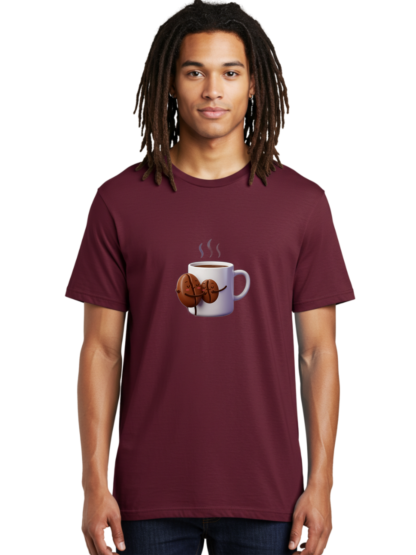 Coffee-Beans-Hugging-Coffee-Mug Men'S Graphic Tee, 100% Cotton, Comfortable Casual Summer Wear, Machine Washable, Cartoon Coffee Beans, Steaming Hot Coffee, Coffee Cups, Morning Coffee, Coffee Lovers, Coffee Break Bab782 27