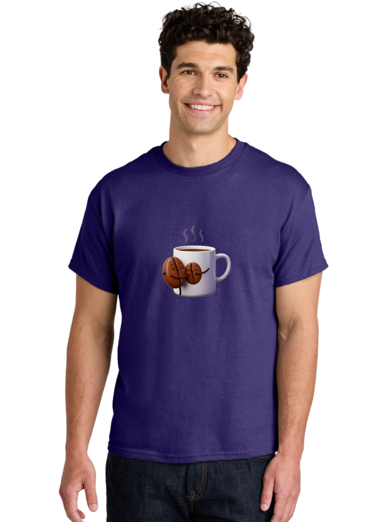 Coffee-Beans-Hugging-Coffee-Mug Men'S Graphic Tee, 100% Cotton, Comfortable Casual Summer Wear, Machine Washable, Cartoon Coffee Beans, Steaming Hot Coffee, Coffee Cups, Morning Coffee, Coffee Lovers, Coffee Break Bab782 24