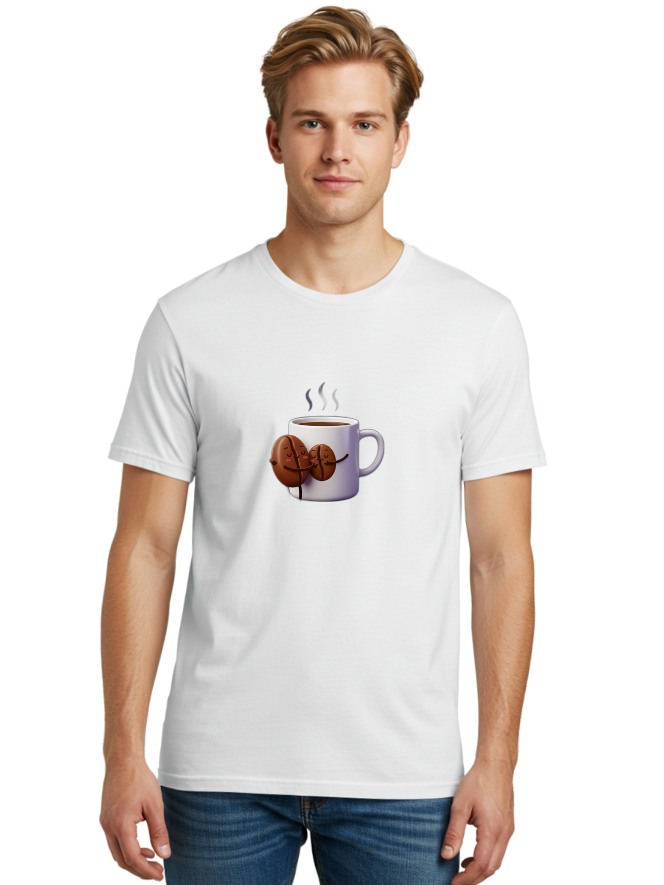 Coffee-Beans-Hugging-Coffee-Mug Men'S Graphic Tee, 100% Cotton, Comfortable Casual Summer Wear, Machine Washable, Cartoon Coffee Beans, Steaming Hot Coffee, Coffee Cups, Morning Coffee, Coffee Lovers, Coffee Break Bab782 22