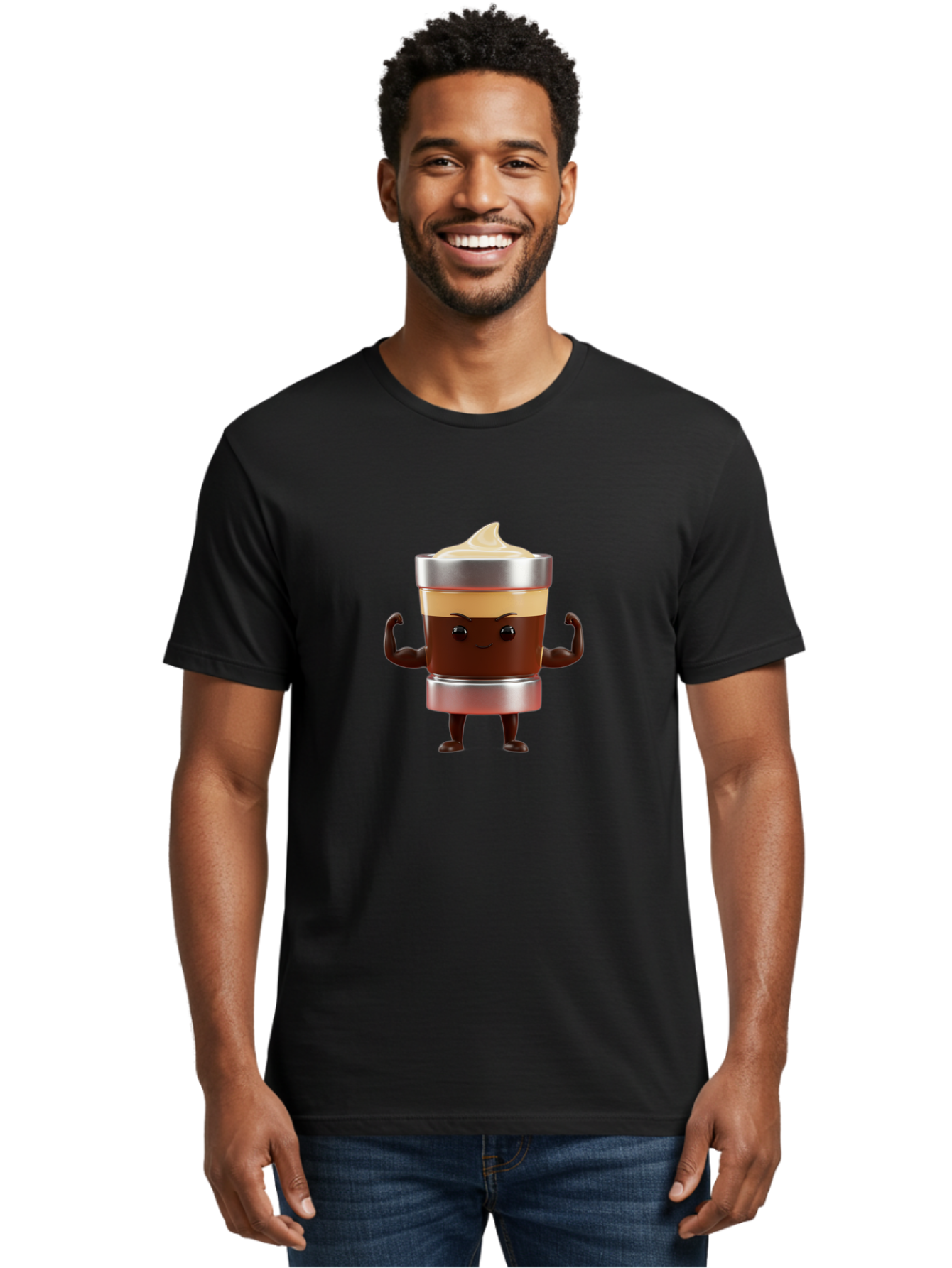 Coffee-Cup-Character Men'S Graphic Tee, 100% Cotton, Comfortable Casual Summer Wear, Machine Washable, Coffee Cup Character, Flexing Muscles, Strong Coffee, Cartoon Style, Playful Design, 3D Illustration, Coffee Lover, Morning Motivation Bab795 30