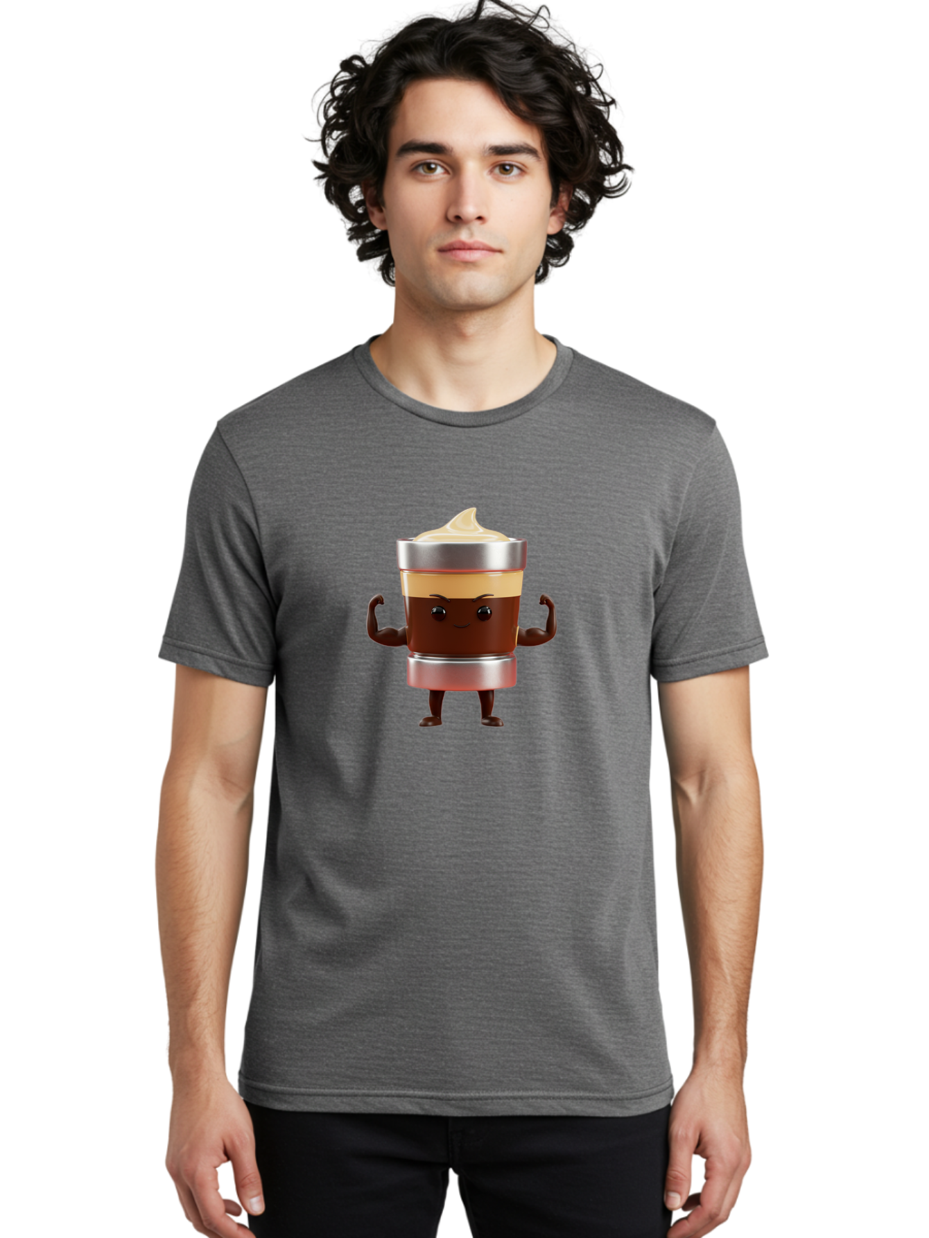 Coffee-Cup-Character Men'S Graphic Tee, 100% Cotton, Comfortable Casual Summer Wear, Machine Washable, Coffee Cup Character, Flexing Muscles, Strong Coffee, Cartoon Style, Playful Design, 3D Illustration, Coffee Lover, Morning Motivation Bab795 16