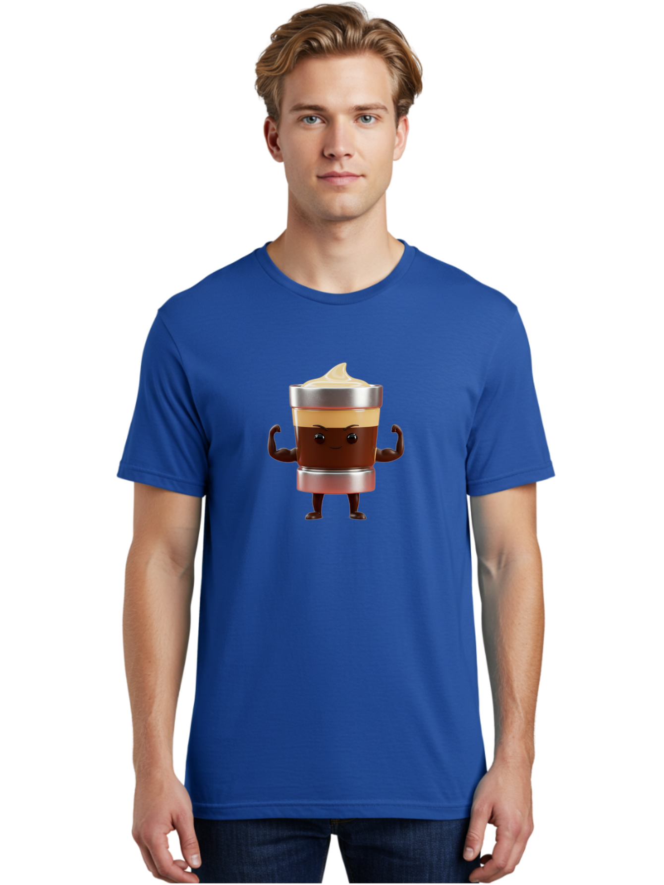 Coffee-Cup-Character Men'S Graphic Tee, 100% Cotton, Comfortable Casual Summer Wear, Machine Washable, Coffee Cup Character, Flexing Muscles, Strong Coffee, Cartoon Style, Playful Design, 3D Illustration, Coffee Lover, Morning Motivation Bab795 21