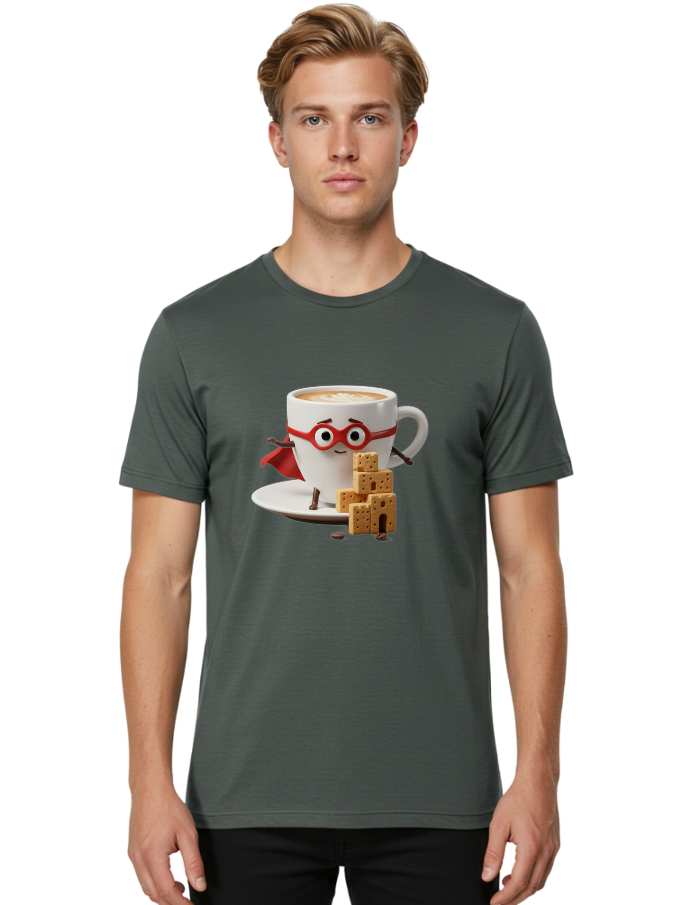 Coffee-Cup-Hero Men'S Graphic Tee, 100% Cotton, Comfortable Casual Summer Wear, Machine Washable, Coffee Cup With Face, Superhero Costume, Red Glasses, Cape, Biscuits, Chocolate Chips, Coffee Lover, Morning Routine, Funny Cartoon Bab797 17
