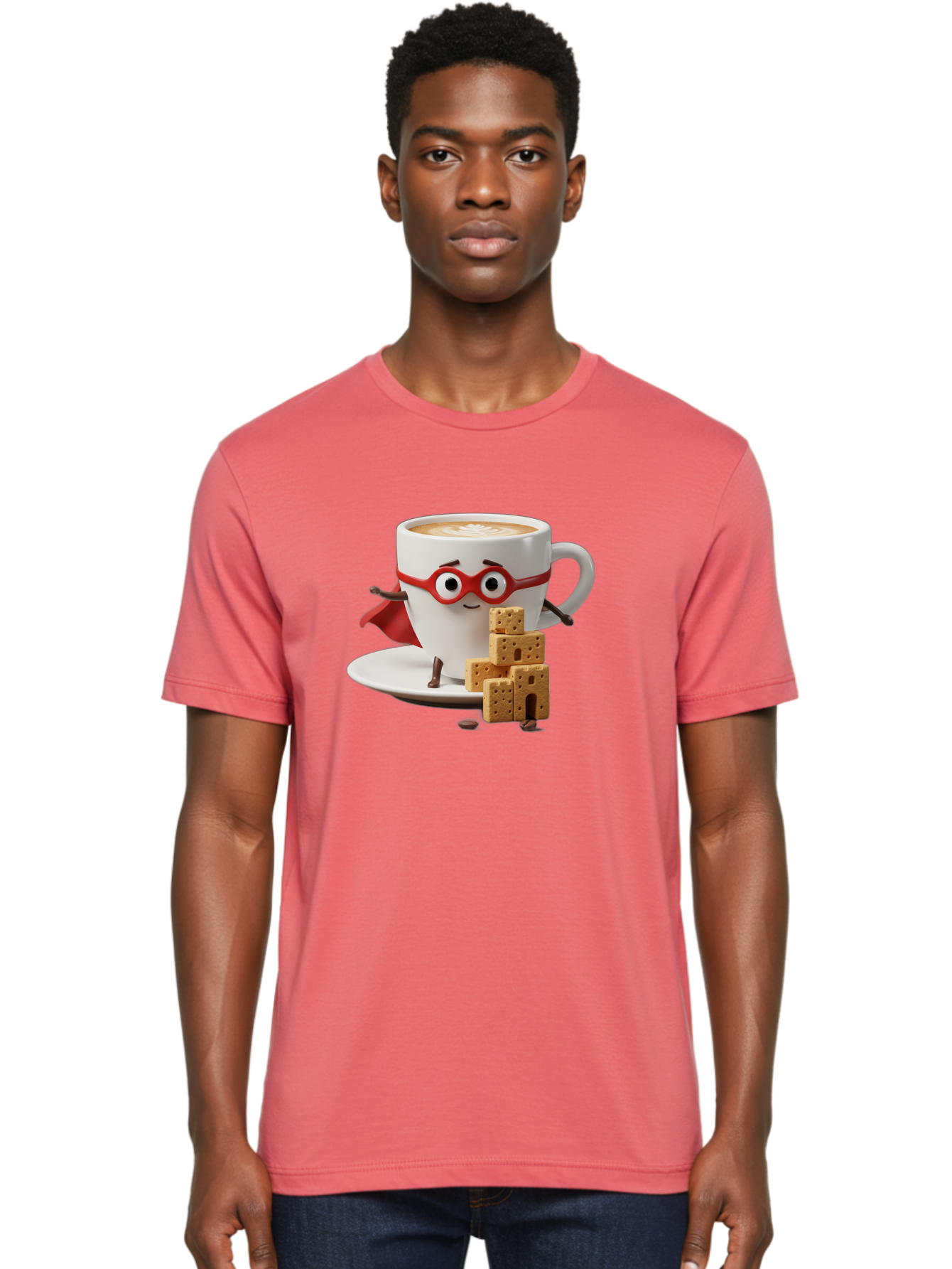 Coffee-Cup-Hero Men'S Graphic Tee, 100% Cotton, Comfortable Casual Summer Wear, Machine Washable, Coffee Cup With Face, Superhero Costume, Red Glasses, Cape, Biscuits, Chocolate Chips, Coffee Lover, Morning Routine, Funny Cartoon Bab797 23