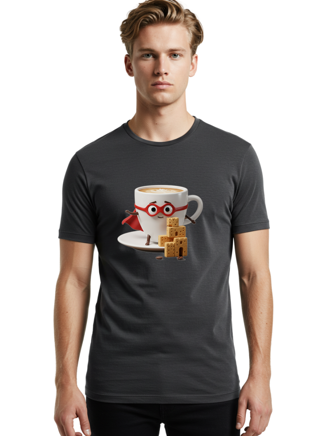 Coffee-Cup-Hero Men'S Graphic Tee, 100% Cotton, Comfortable Casual Summer Wear, Machine Washable, Coffee Cup With Face, Superhero Costume, Red Glasses, Cape, Biscuits, Chocolate Chips, Coffee Lover, Morning Routine, Funny Cartoon Bab797 22