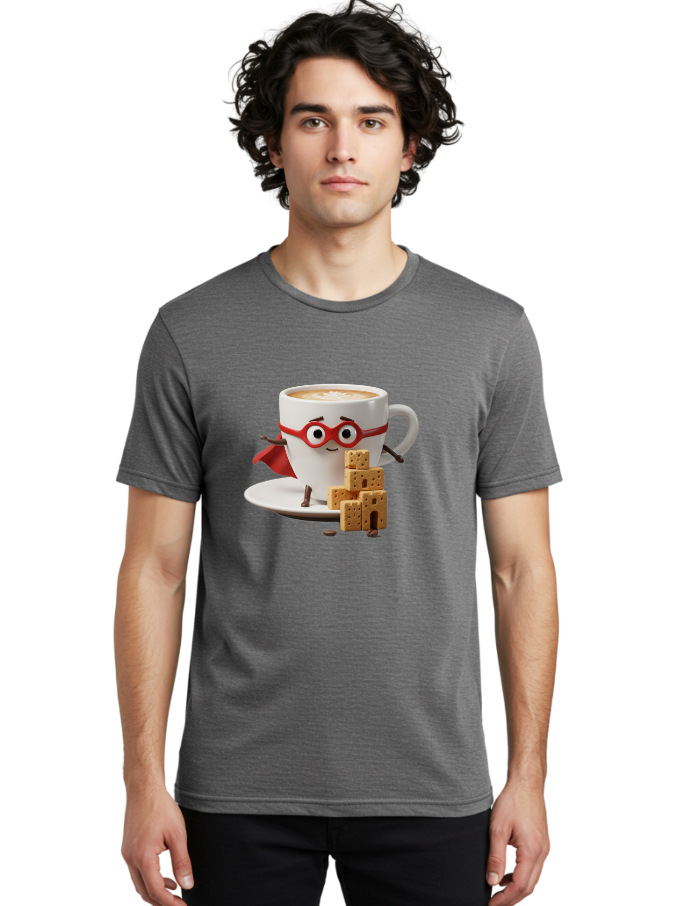 Coffee-Cup-Hero Men'S Graphic Tee, 100% Cotton, Comfortable Casual Summer Wear, Machine Washable, Coffee Cup With Face, Superhero Costume, Red Glasses, Cape, Biscuits, Chocolate Chips, Coffee Lover, Morning Routine, Funny Cartoon Bab797 20
