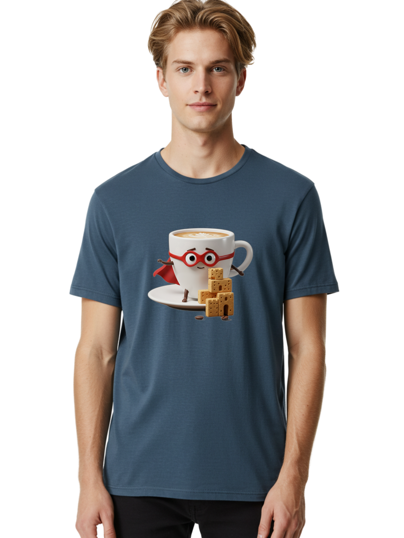 Coffee-Cup-Hero Men'S Graphic Tee, 100% Cotton, Comfortable Casual Summer Wear, Machine Washable, Coffee Cup With Face, Superhero Costume, Red Glasses, Cape, Biscuits, Chocolate Chips, Coffee Lover, Morning Routine, Funny Cartoon Bab797 16