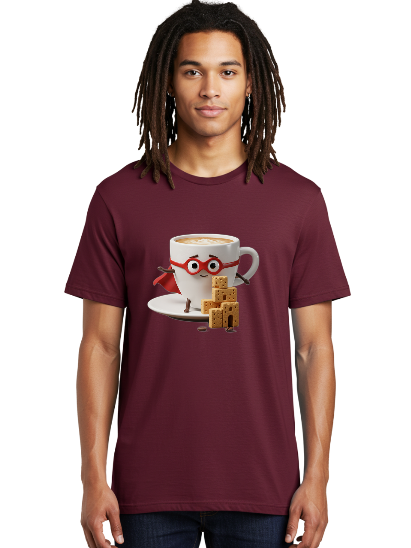 Coffee-Cup-Hero Men'S Graphic Tee, 100% Cotton, Comfortable Casual Summer Wear, Machine Washable, Coffee Cup With Face, Superhero Costume, Red Glasses, Cape, Biscuits, Chocolate Chips, Coffee Lover, Morning Routine, Funny Cartoon Bab797 29