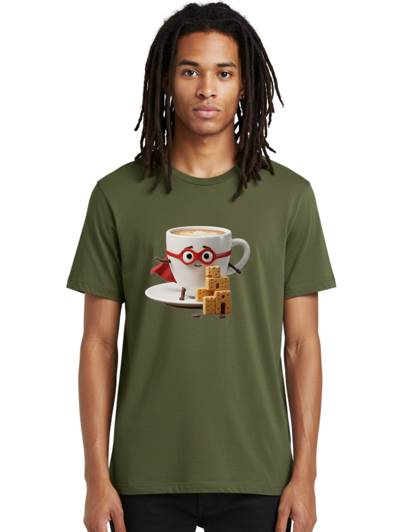 Coffee-Cup-Hero Men'S Graphic Tee, 100% Cotton, Comfortable Casual Summer Wear, Machine Washable, Coffee Cup With Face, Superhero Costume, Red Glasses, Cape, Biscuits, Chocolate Chips, Coffee Lover, Morning Routine, Funny Cartoon Bab797 28