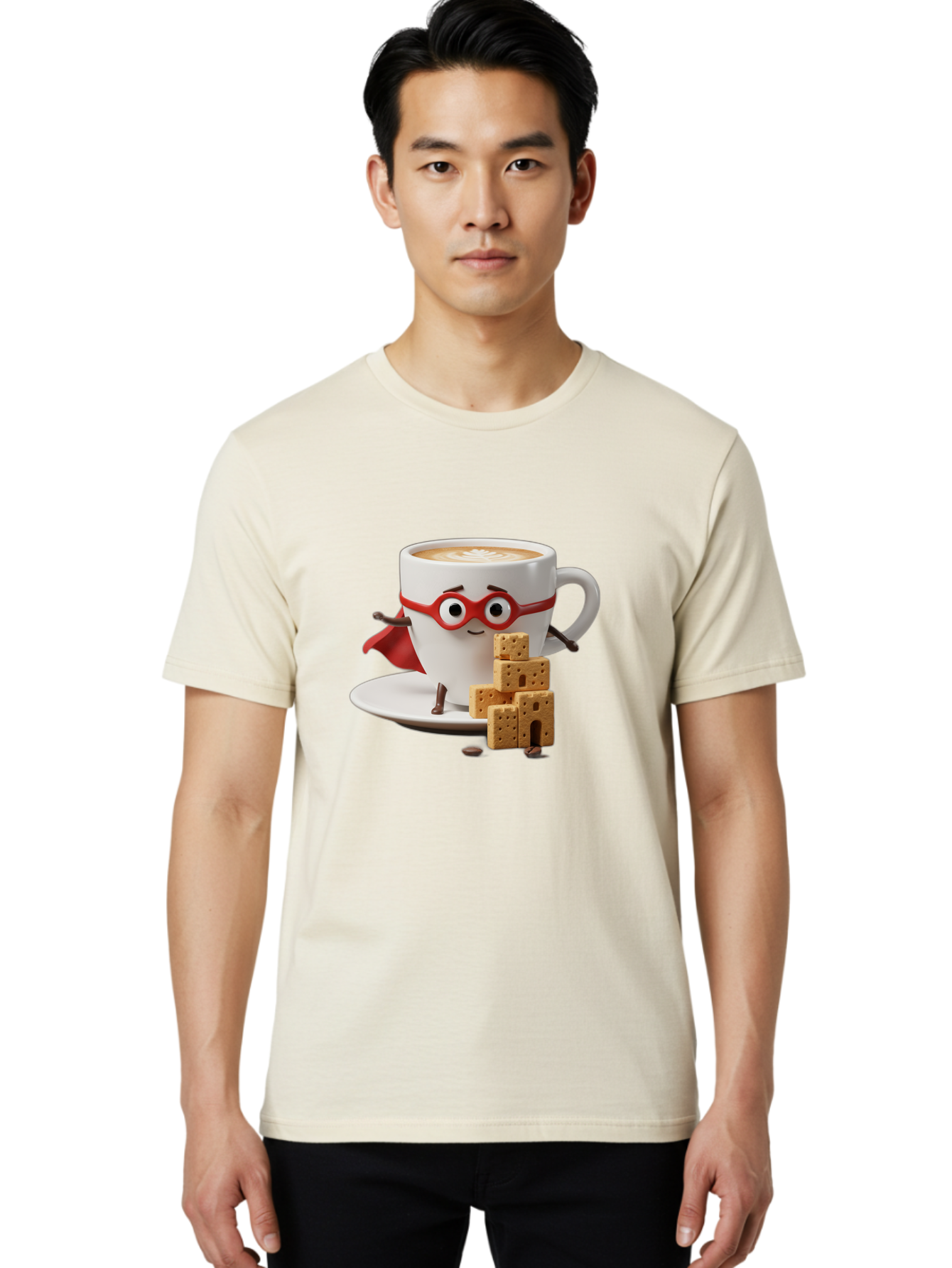 Coffee-Cup-Hero Men'S Graphic Tee, 100% Cotton, Comfortable Casual Summer Wear, Machine Washable, Coffee Cup With Face, Superhero Costume, Red Glasses, Cape, Biscuits, Chocolate Chips, Coffee Lover, Morning Routine, Funny Cartoon Bab797 21