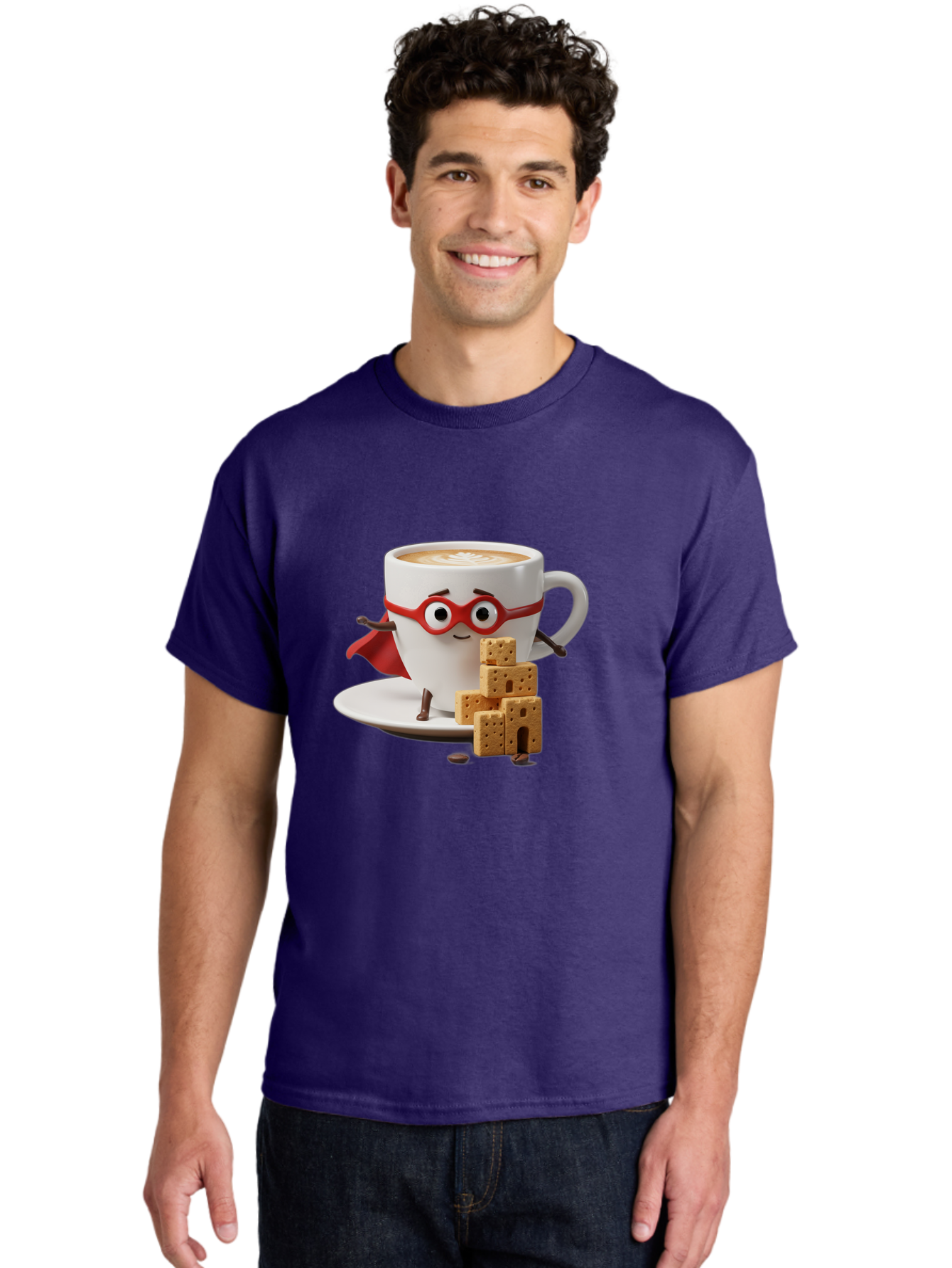 Coffee-Cup-Hero Men'S Graphic Tee, 100% Cotton, Comfortable Casual Summer Wear, Machine Washable, Coffee Cup With Face, Superhero Costume, Red Glasses, Cape, Biscuits, Chocolate Chips, Coffee Lover, Morning Routine, Funny Cartoon Bab797 19