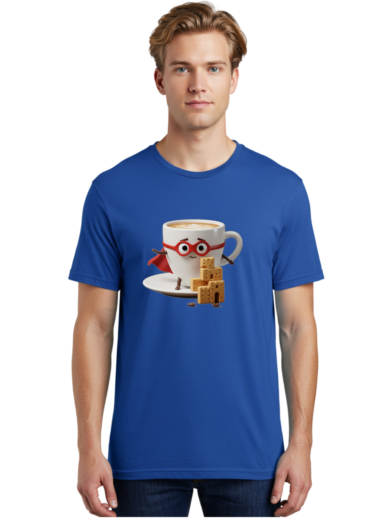 Coffee-Cup-Hero Men'S Graphic Tee, 100% Cotton, Comfortable Casual Summer Wear, Machine Washable, Coffee Cup With Face, Superhero Costume, Red Glasses, Cape, Biscuits, Chocolate Chips, Coffee Lover, Morning Routine, Funny Cartoon Bab797 25